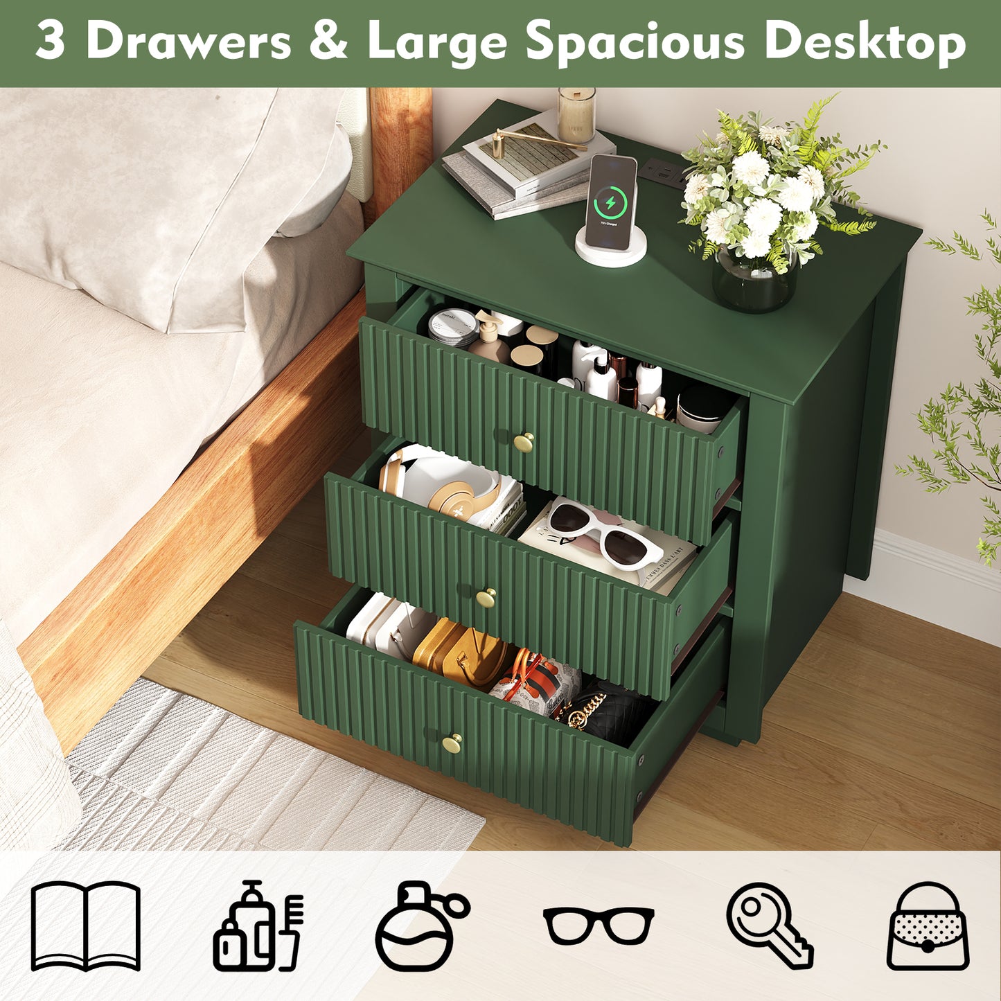 Modern Nightstand with Charging Station & 3 Drawers, 24 Inch Wide Bedside Table Set of 2 for Bedroom and Living Room, Large Storage End Table with Fluted Design, Green