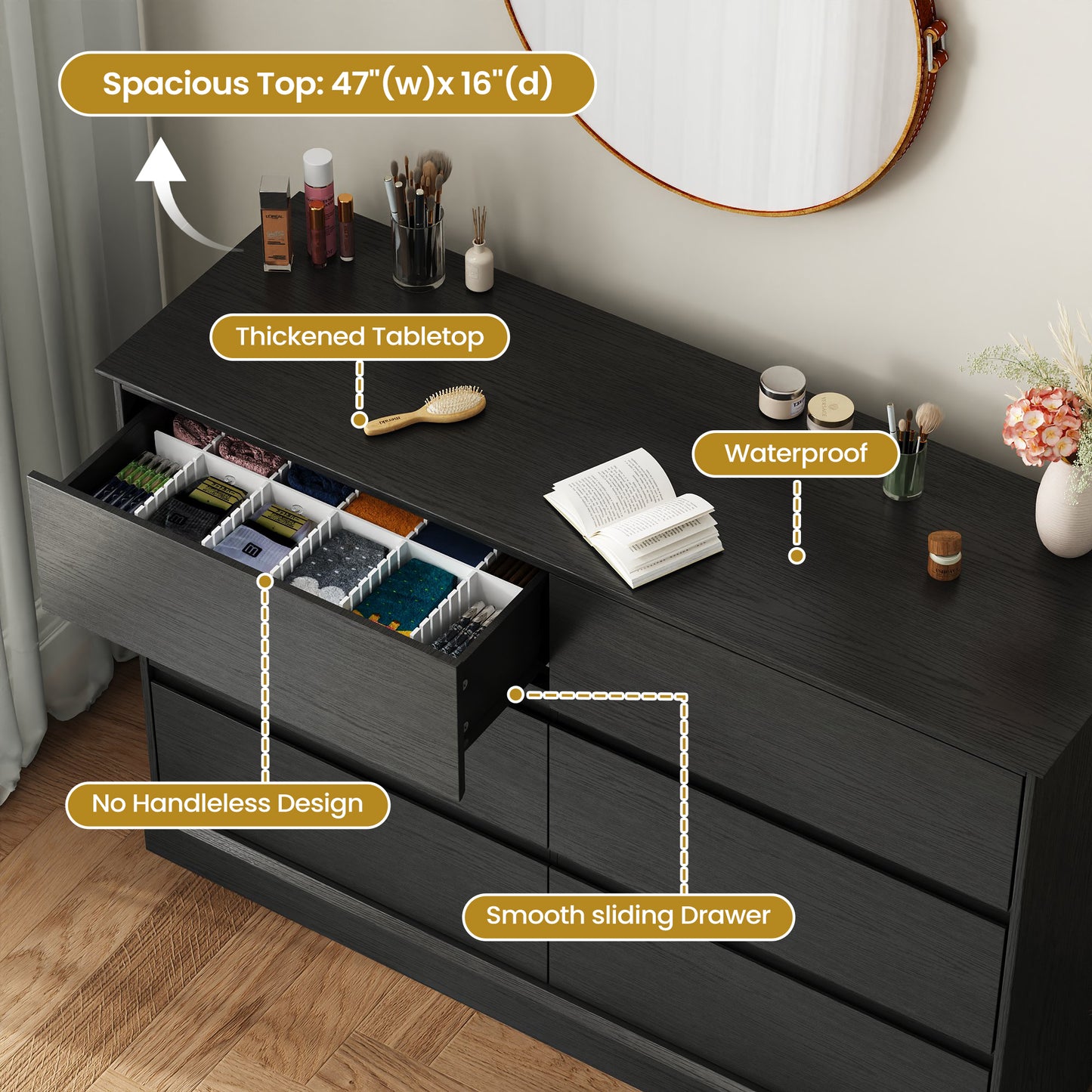 6 Drawer Dresser for Bedroom, White Dresser Double Chest of Drawers, Modern Wood Dressers with Deep Drawers for Living Room,Black
