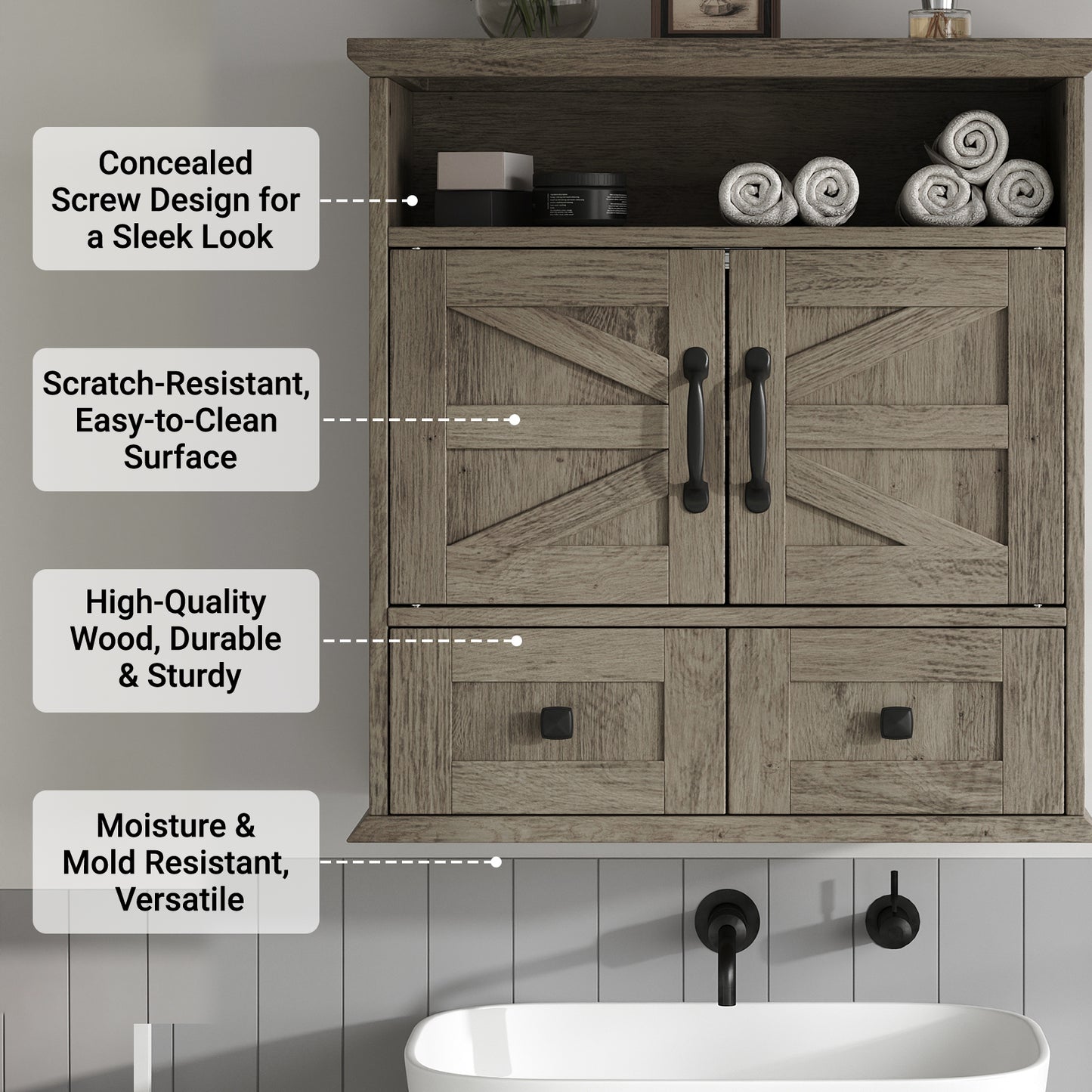 NEGYLIM Wall-Mounted Bathroom Cabinet with Barn Doors, Adjustable Shelf, 2 Drawers, Rustic Modern Style Storage Organizer for Toilet, Bathroom, Laundry Room