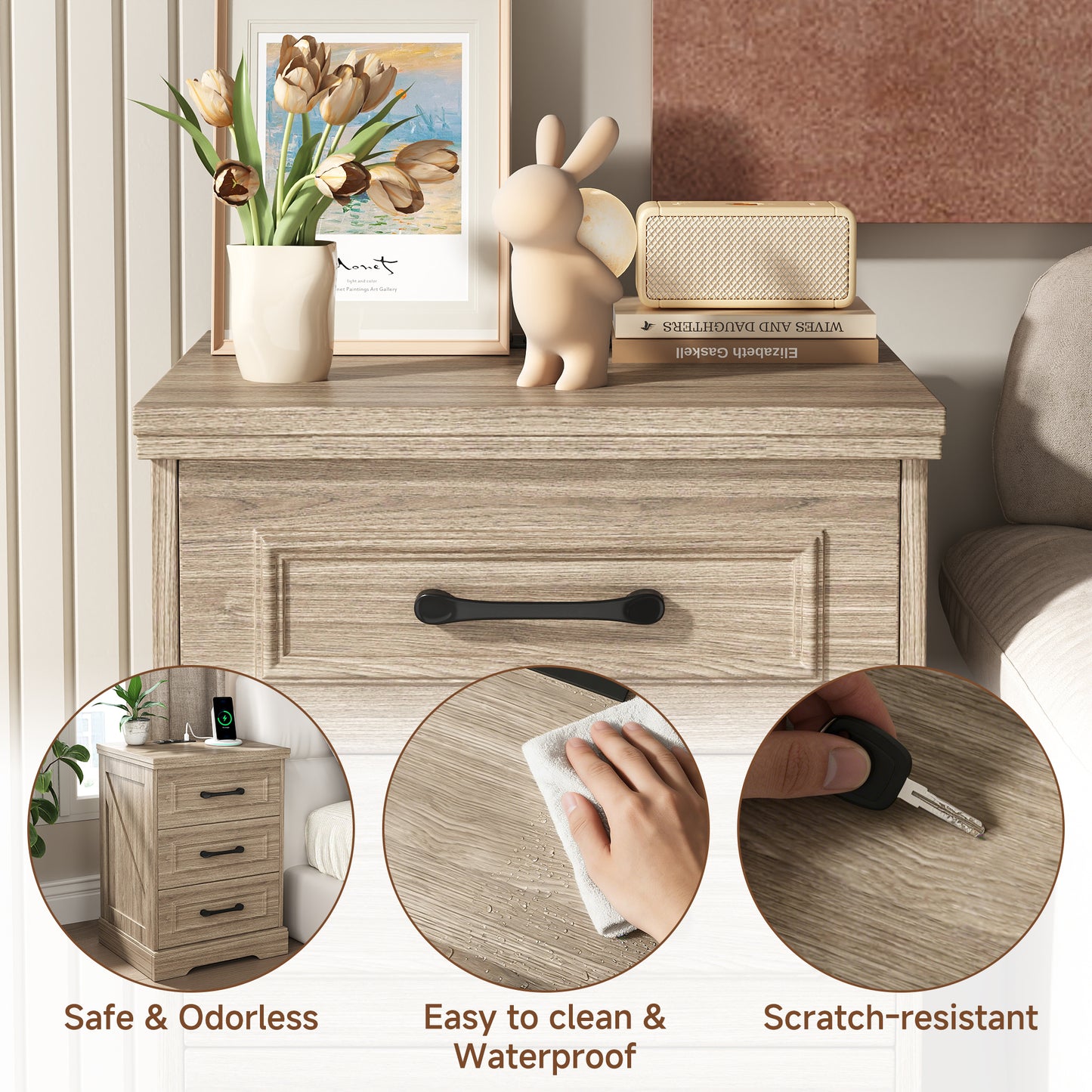 NEGYLIM Nightstand, Farmhouse End Table with Charging Station, 3 Drawers Storage for Bedroom