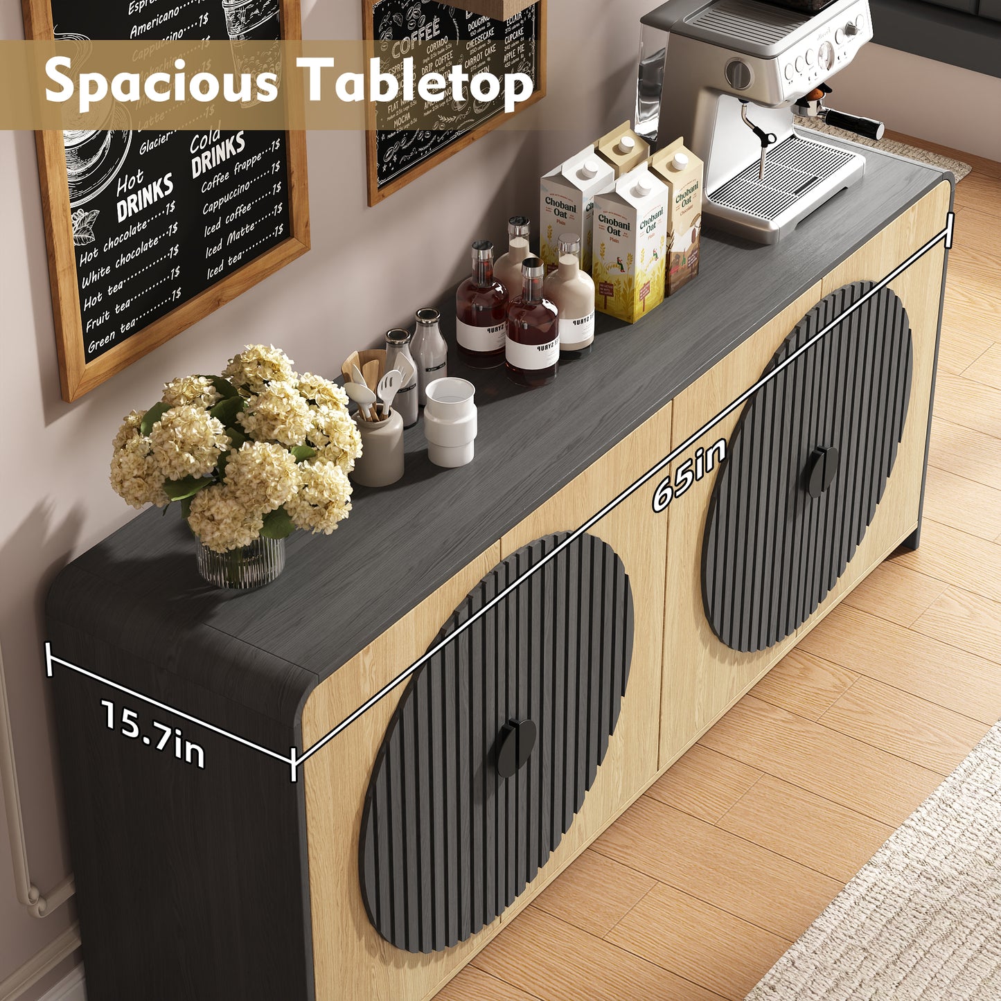 65" Large Sideboard Buffet Cabinet with Adjustable Shelves – Modern Farmhouse Coffee Bar & Dining Room Storage, Solid Wood Kitchen Table with Doors (Black)