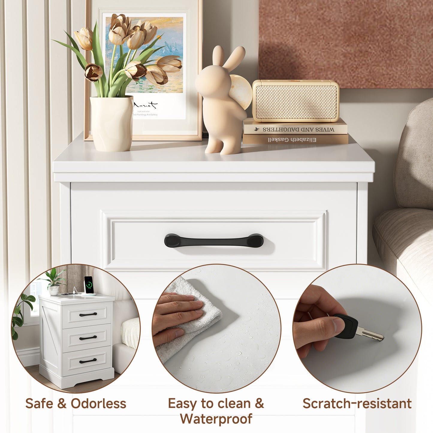 Nightstand, Farmhouse End Table with Charging Station, 3 Drawers Storage for Bedroom