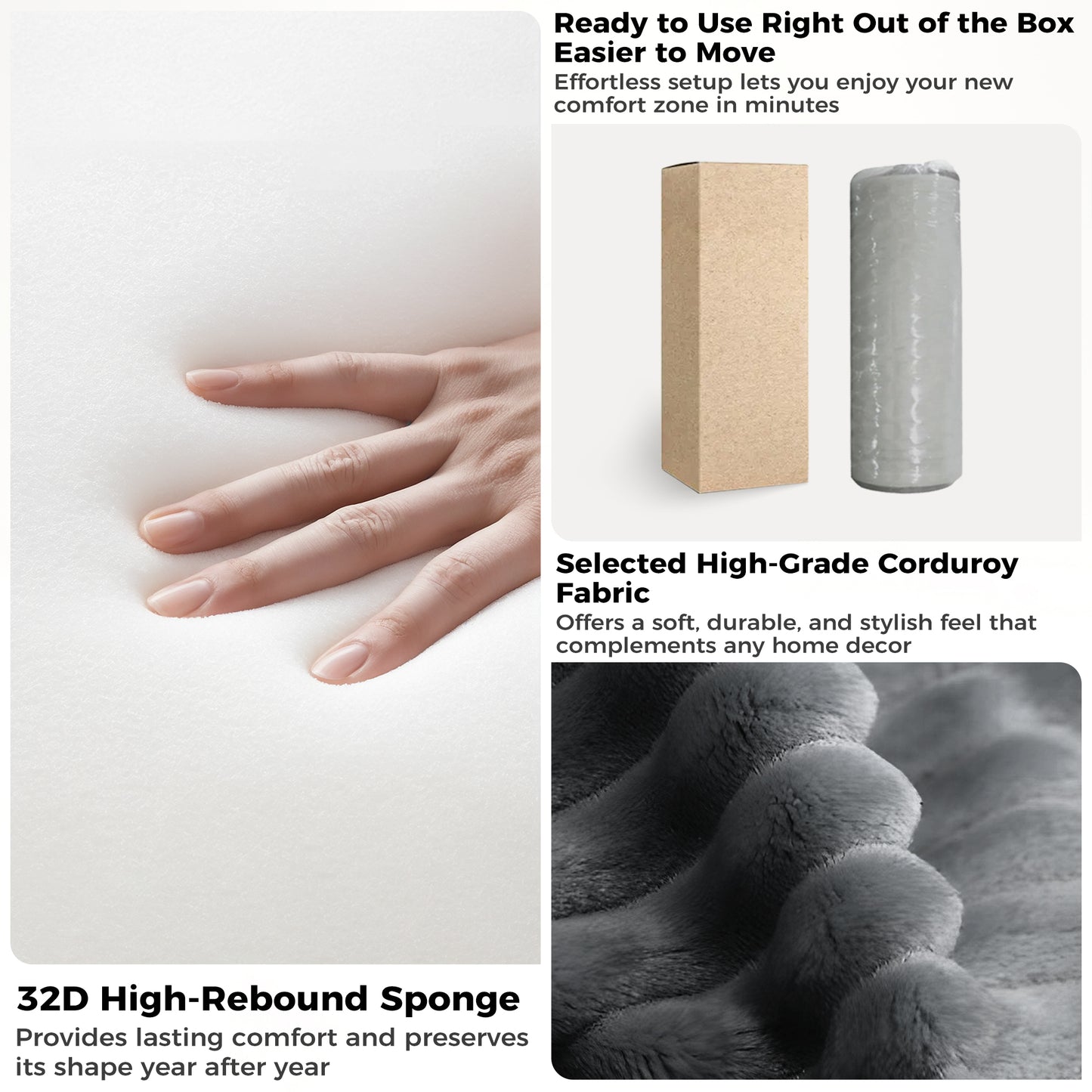 67'' Oversized Chaise Lounge Chair, Cloud Plush Corduroy Sofa Bed for Living Room, Modern Deep Seat Sleeper Couch with Back Cushion, No Assembly Required, (Charcoal)