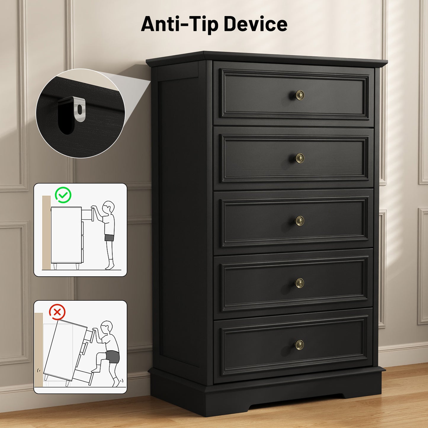 NEGYLIM 5 Drawer Dresser, Chest of Drawers for Bedroom, Modern Storage Cabinet Dresser Organizer Unit with Antique Bronze Round Handles for Living Room, Closet, Hallway, Entryway