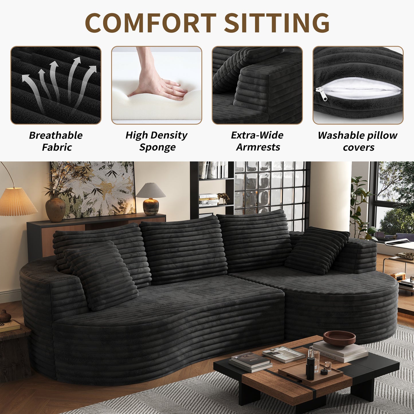 118" Curved Modular Cloud Couch, L-Shape Chaise Sectional Sofa with Plush Deep Seat, Soft Corduroy Upholstered Boneless Sofa for Living Room, No Assembly Needed, Black