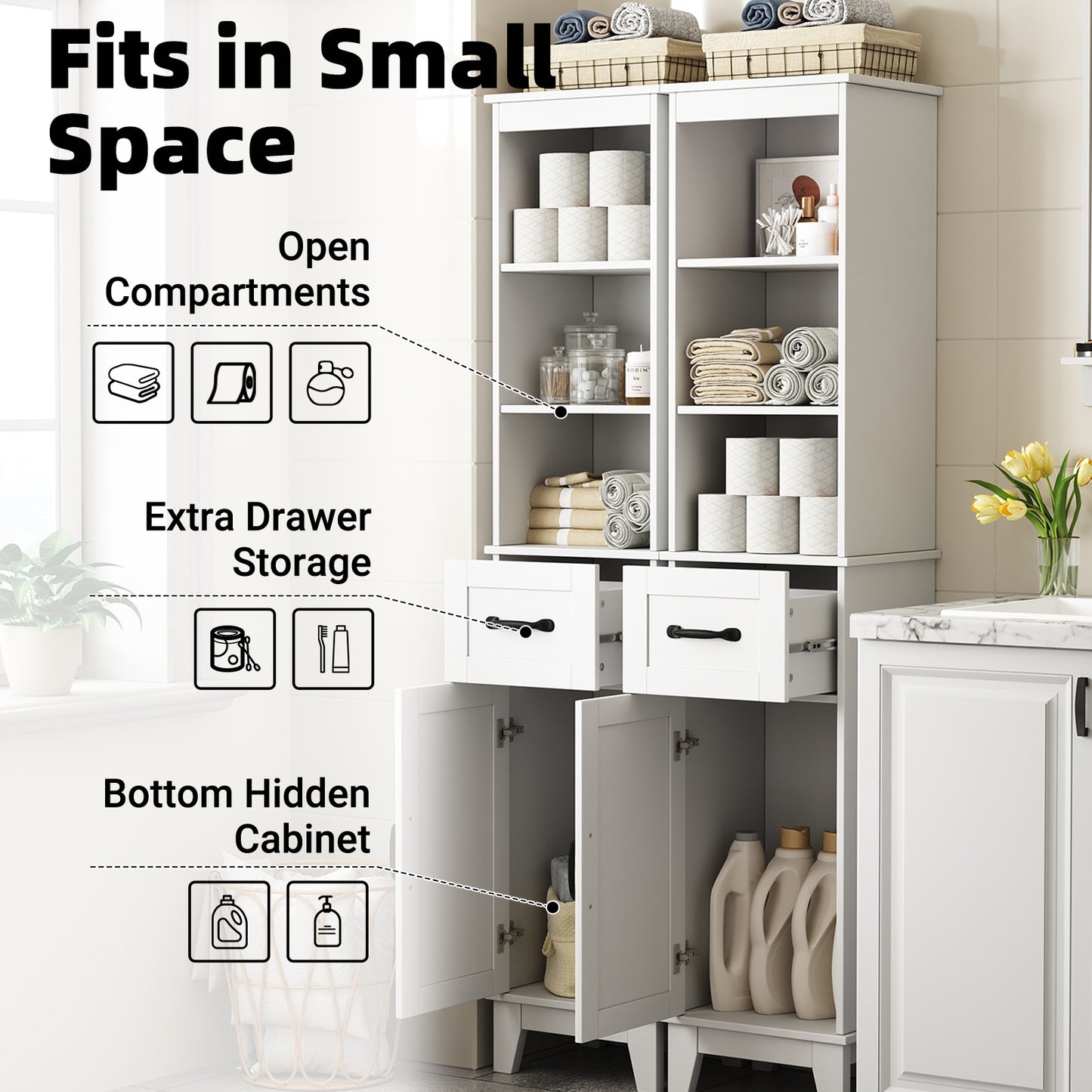 63” Tall Bathroom Storage Cabinet, Freestanding Linen Cabinet, Narrow Bathroom Storage with Barn Door and Drawer, White