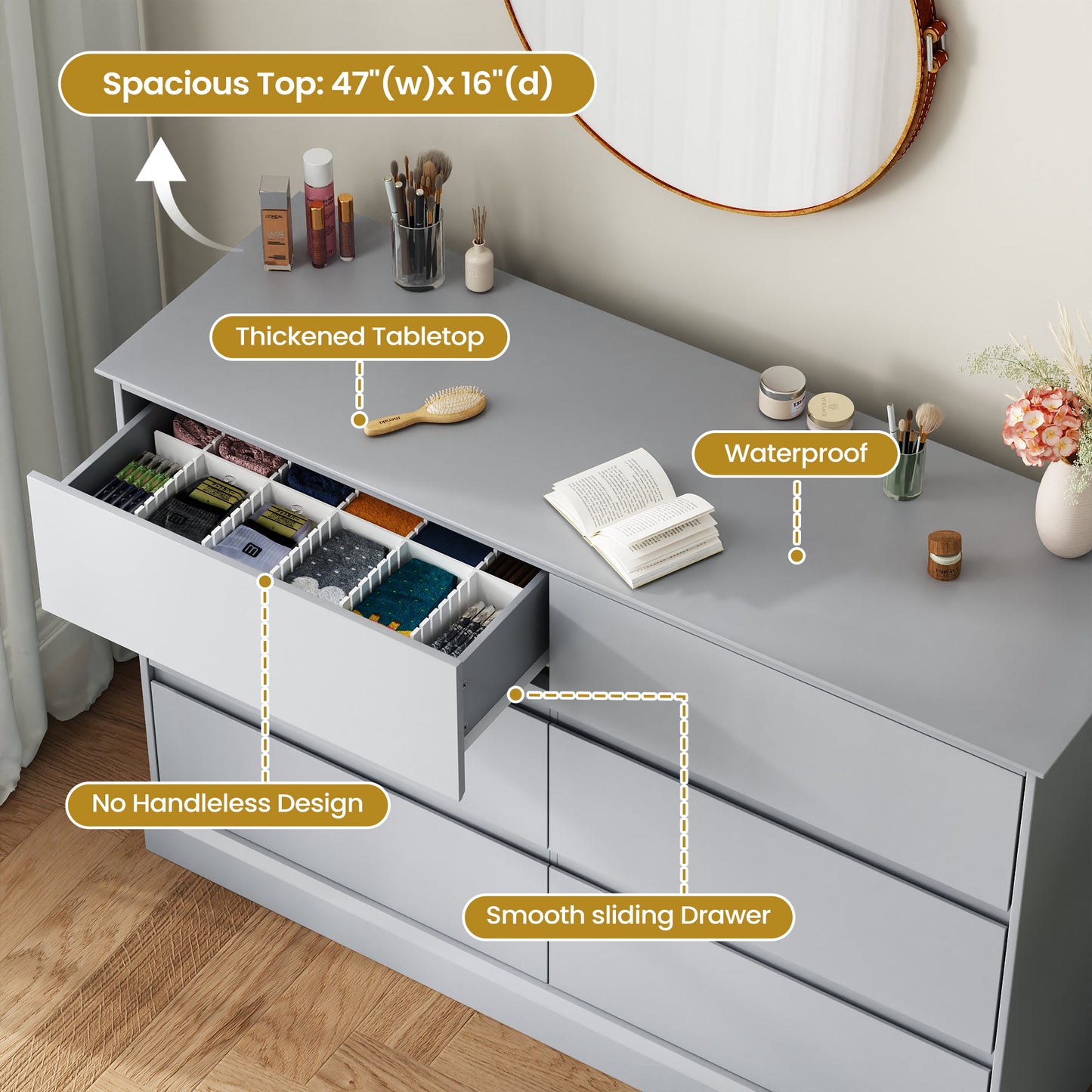 6 Drawer Dresser for Bedroom, White Dresser Double Chest of Drawers, Modern Wood Dressers with Deep Drawers for Living Room,Gray