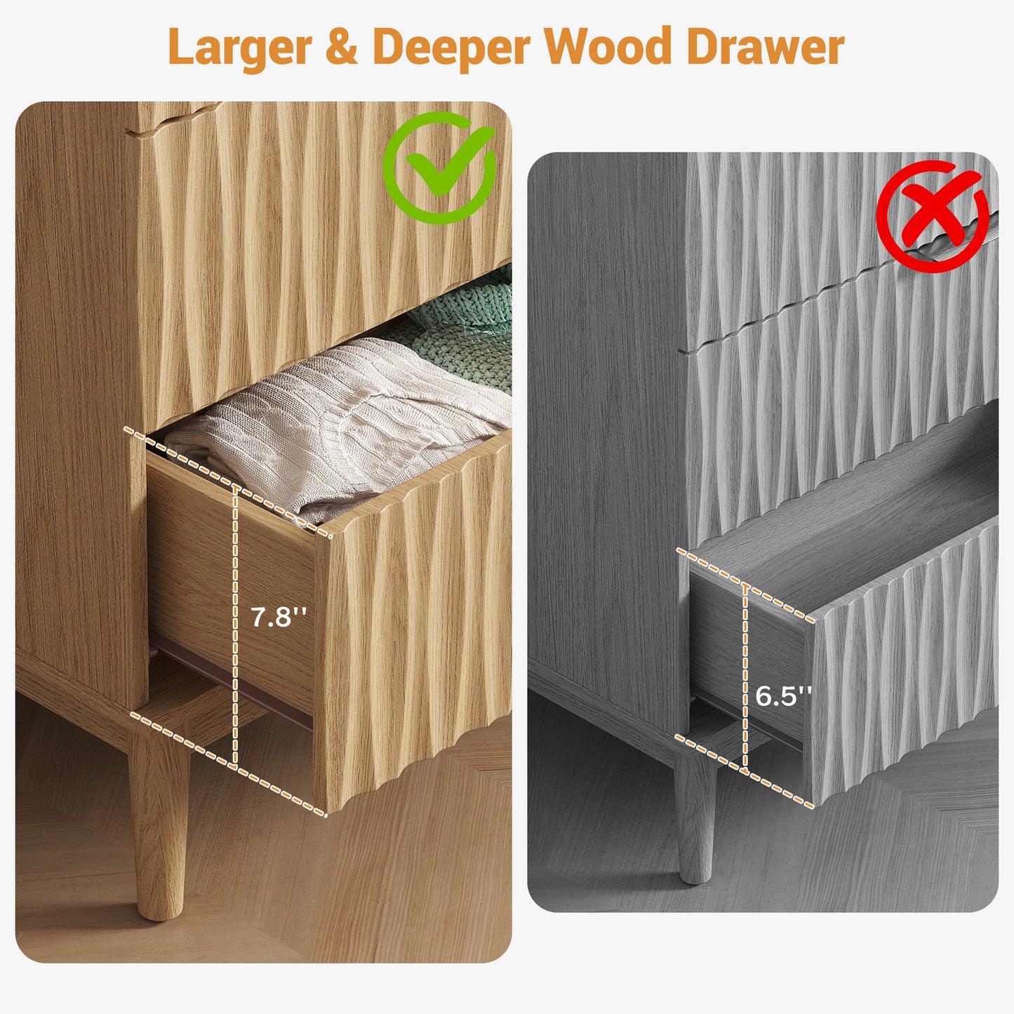 47" Tall 5 Fluted Drawer Dresser, Solid Wood Chest of Drawers with Glossy Handle, Storage Cabinet for Bedroom, Living Room, Entryway