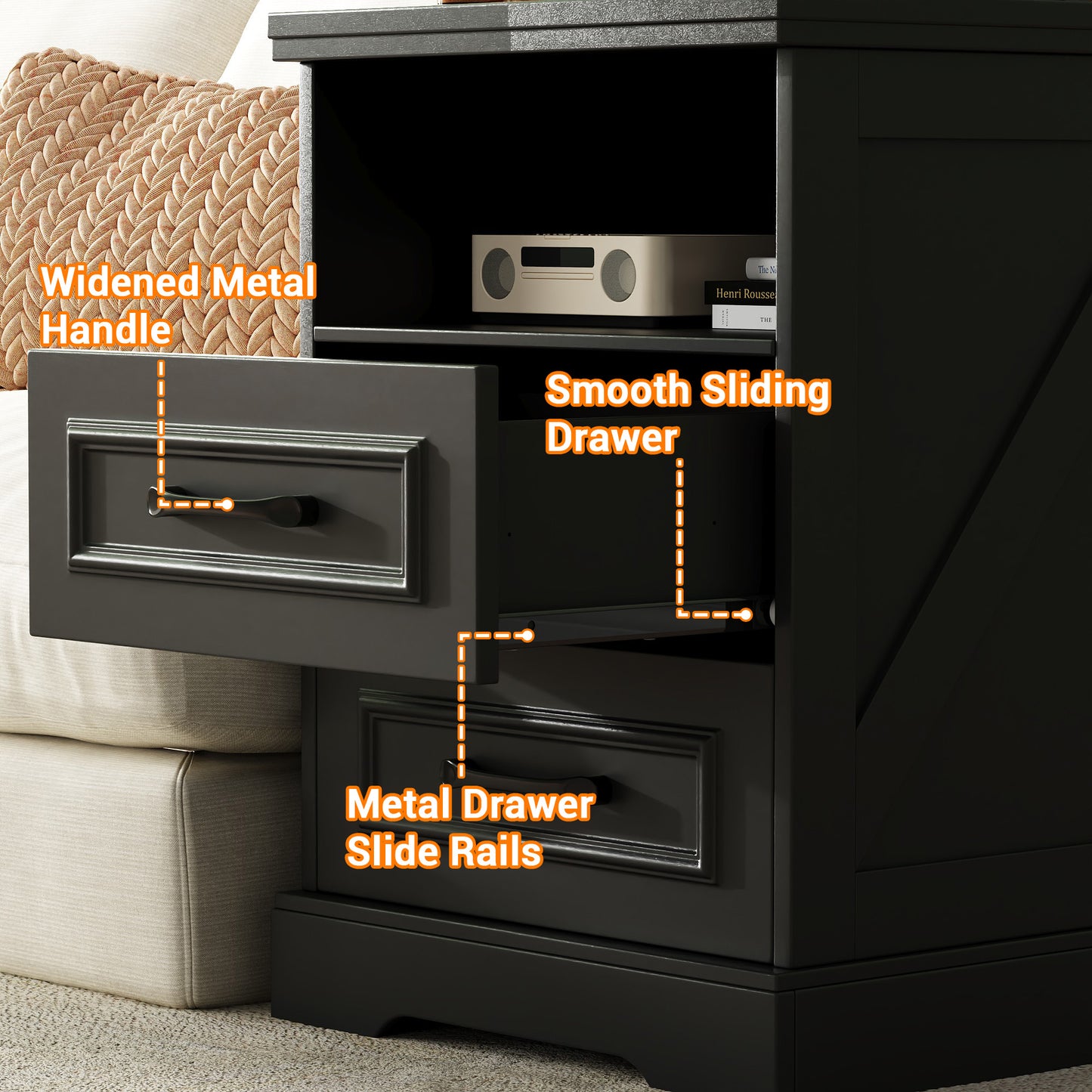 NEGYLIM 2-Piece Nightstand, Farmhouse End Table with Charging Station, 2 Drawers Storage for Bedroom