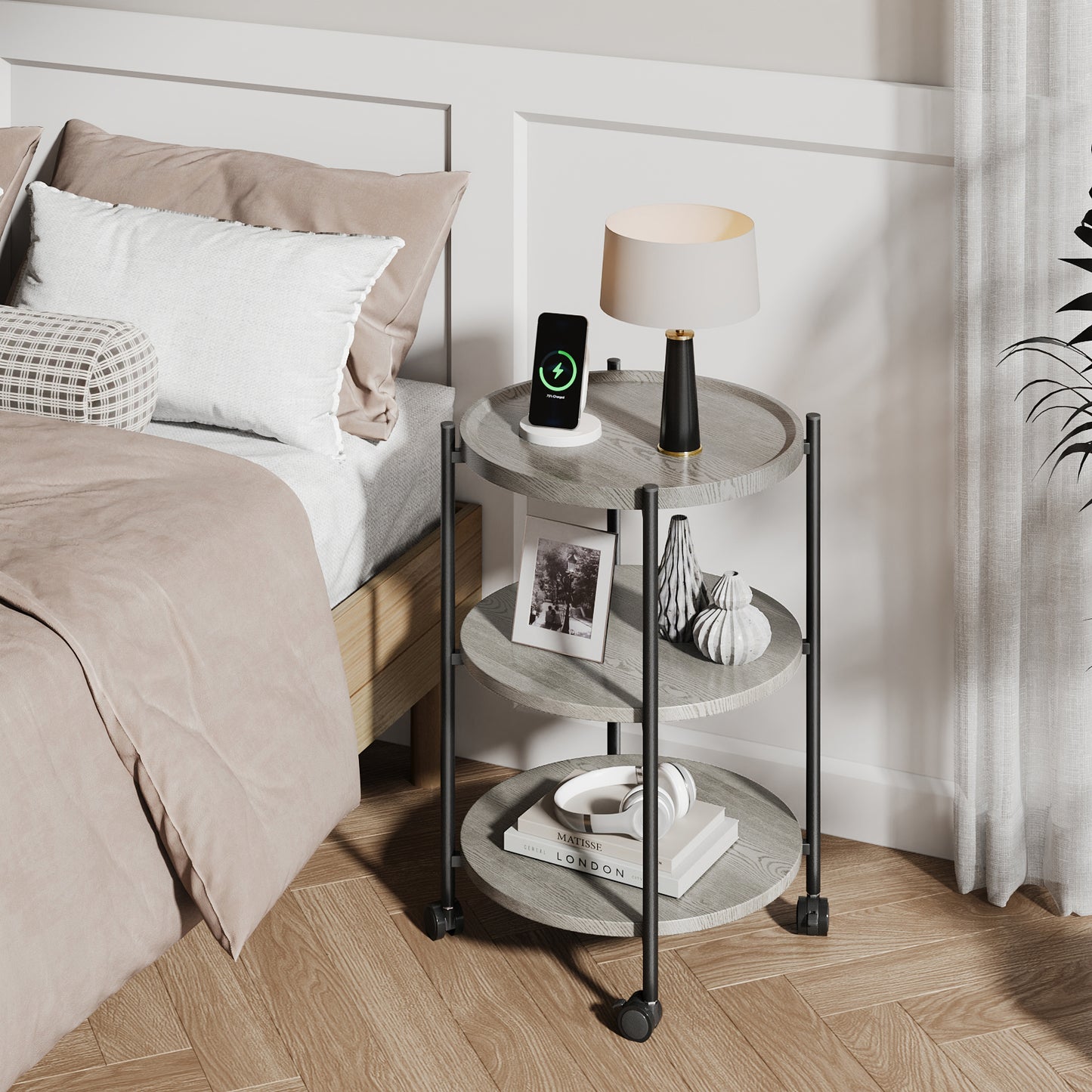 NEGYLIM End Side Table，Round Sofa Table with Metal Frame, 3-Tier Coffee Table Nightstand for Bedroom, Living Room, Nursery