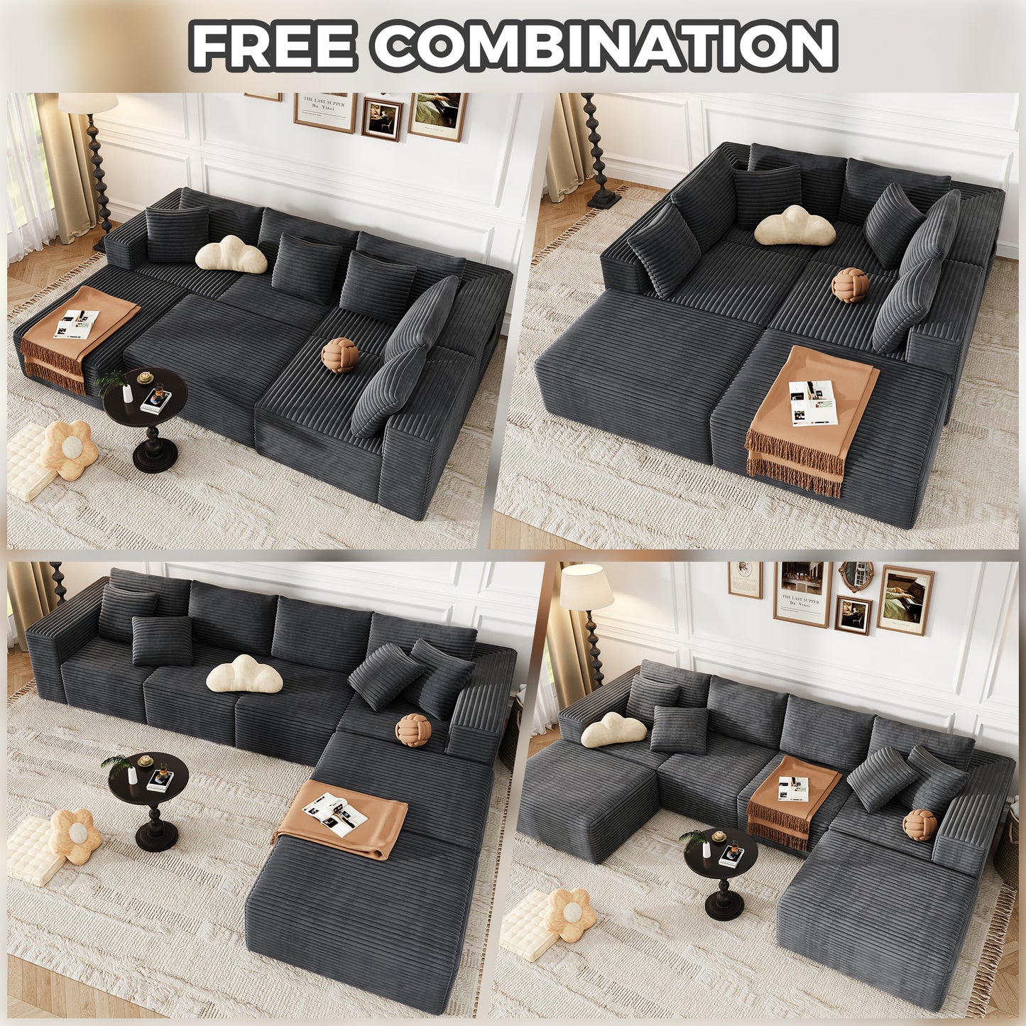 137 Inch Charcoal Cloud Sectional Sofa forf living room , No Sagging Foam U-Shaped Modular Couch, Big Couch Includes 4 Back Cushions & 4 Pillows, No Assembly Required