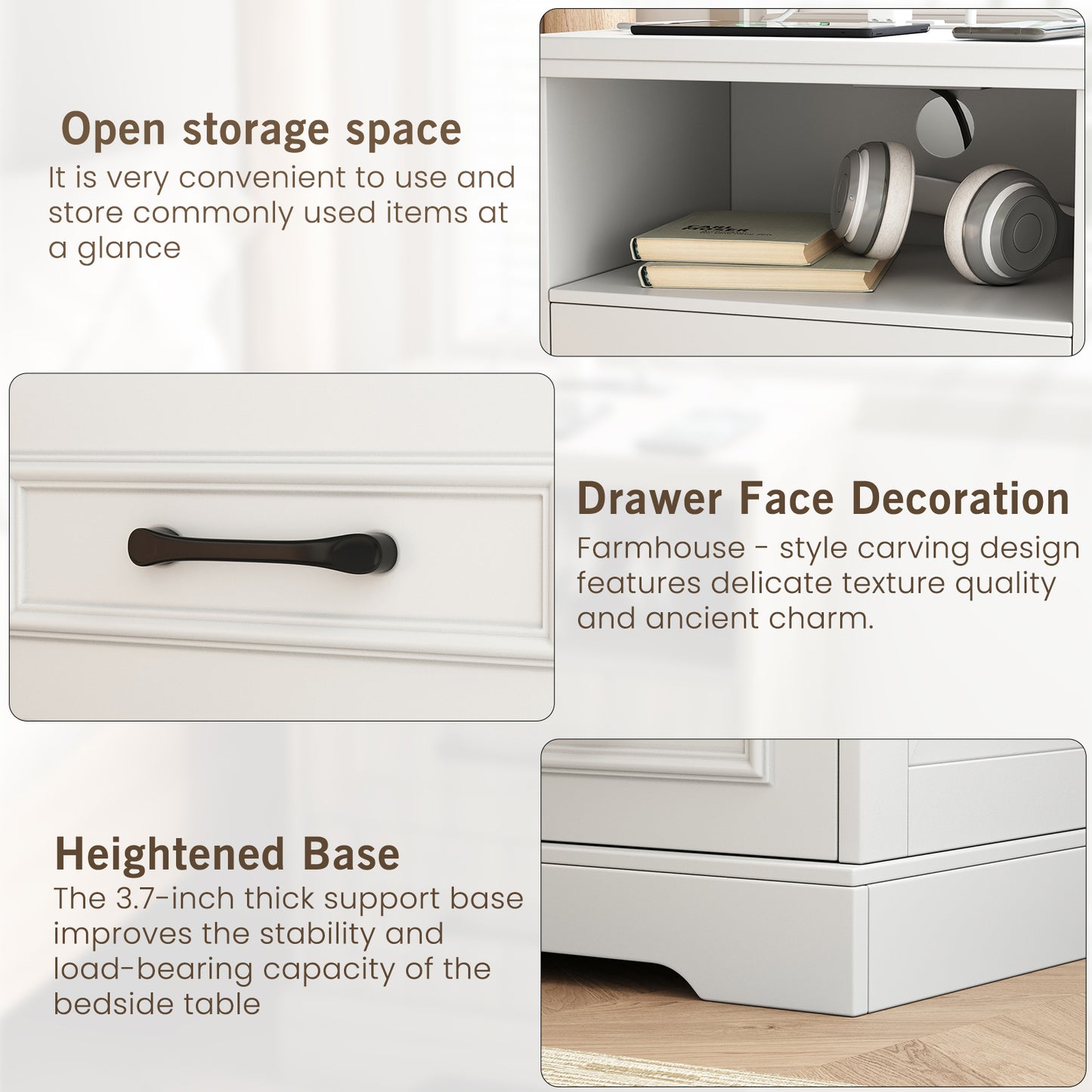 NEGYLIM Nightstand with Drawers for Bedroom, Farmhouse End Table with Charging Station, 2 Drawers Storage for Bedroom, White