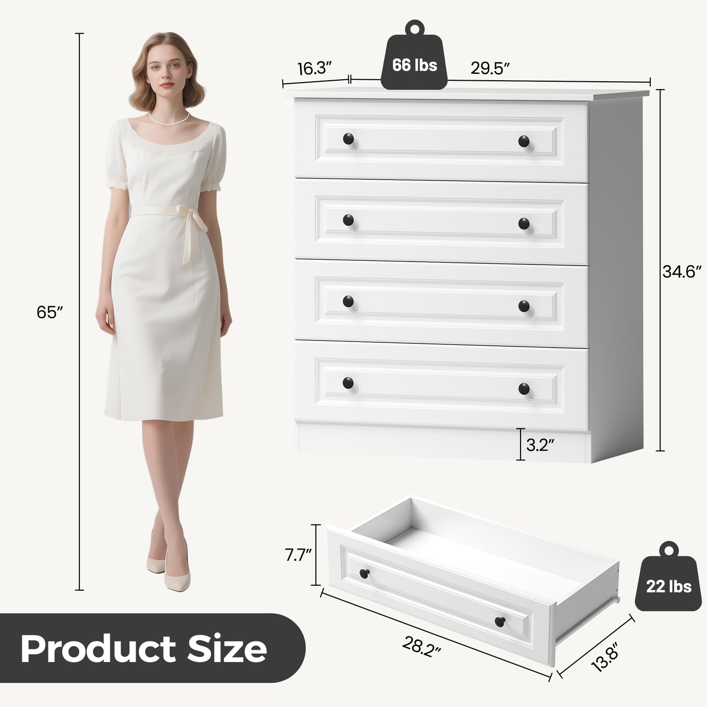 4-Drawer Dresser, 34.6” Tall White Dresser for Bedroom Storage, Hallway Chest with Large Drawers, 29.5” Wide Space Saving Furniture