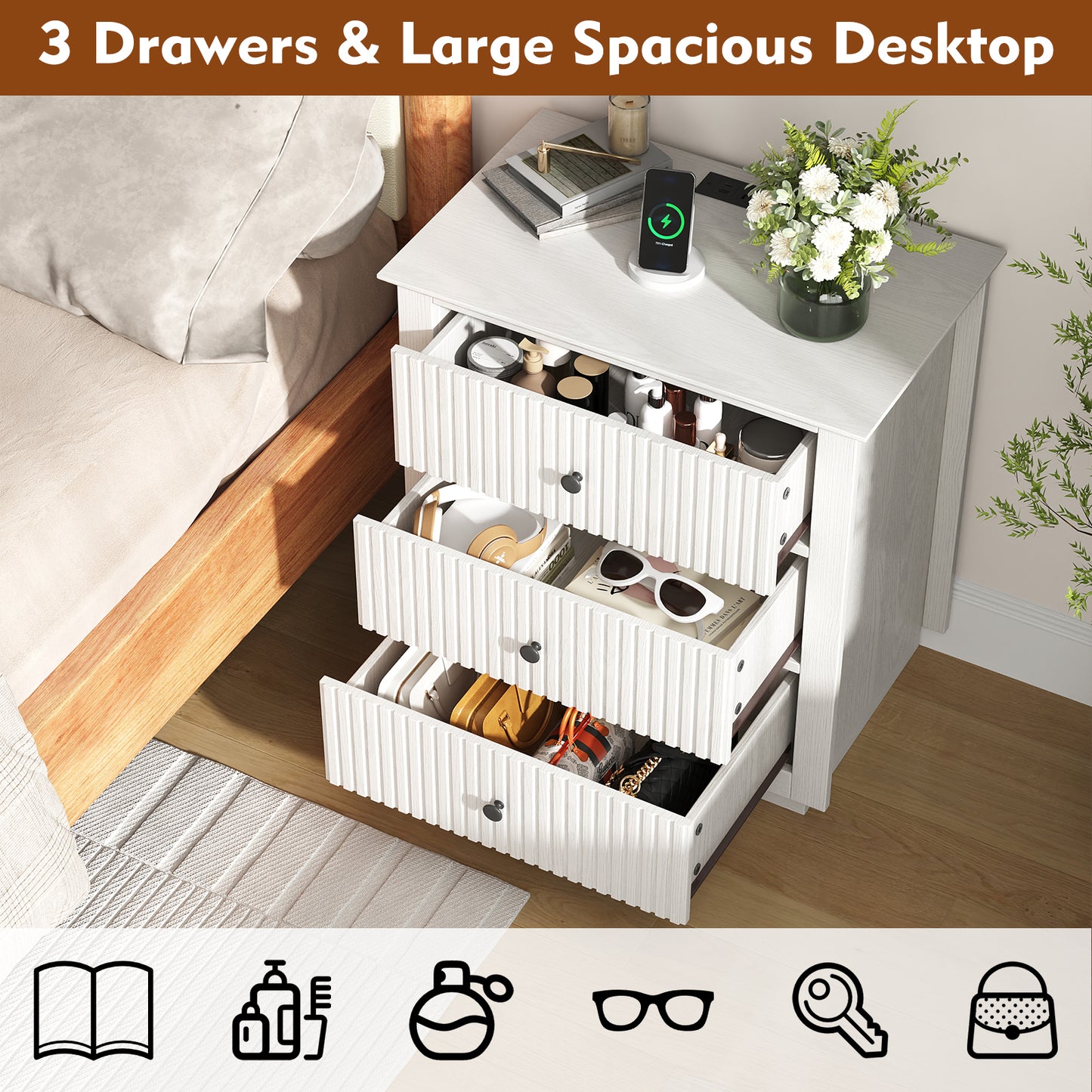Modern Nightstand with Charging Station & 3 Drawers, 24 Inch Wide Bedside Table Set of 2 for Bedroom and Living Room, Large Storage End Table with Fluted Design, White