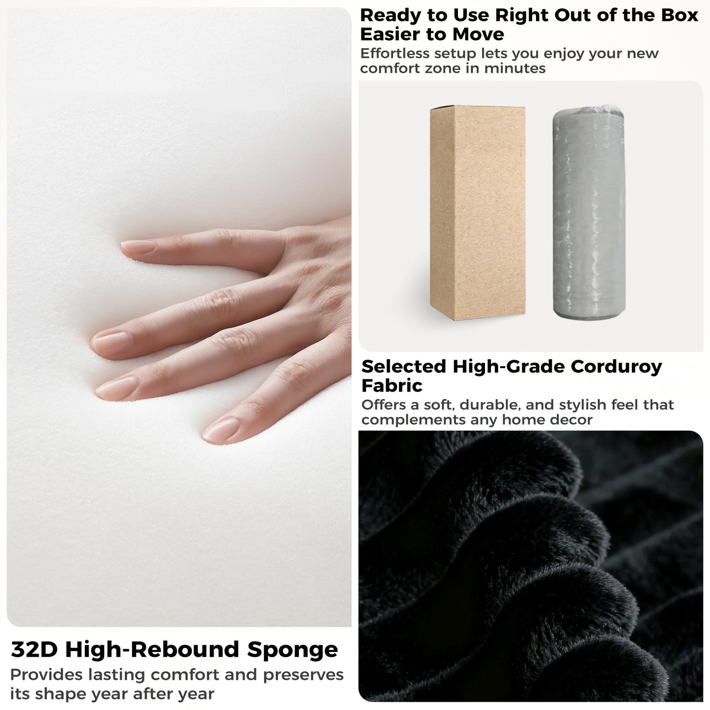 67'' Oversized Chaise Lounge Chair, Cloud Plush Corduroy Sofa Bed for Living Room, Modern Deep Seat Sleeper Couch with Back Cushion, No Assembly Required, (Deep Black)