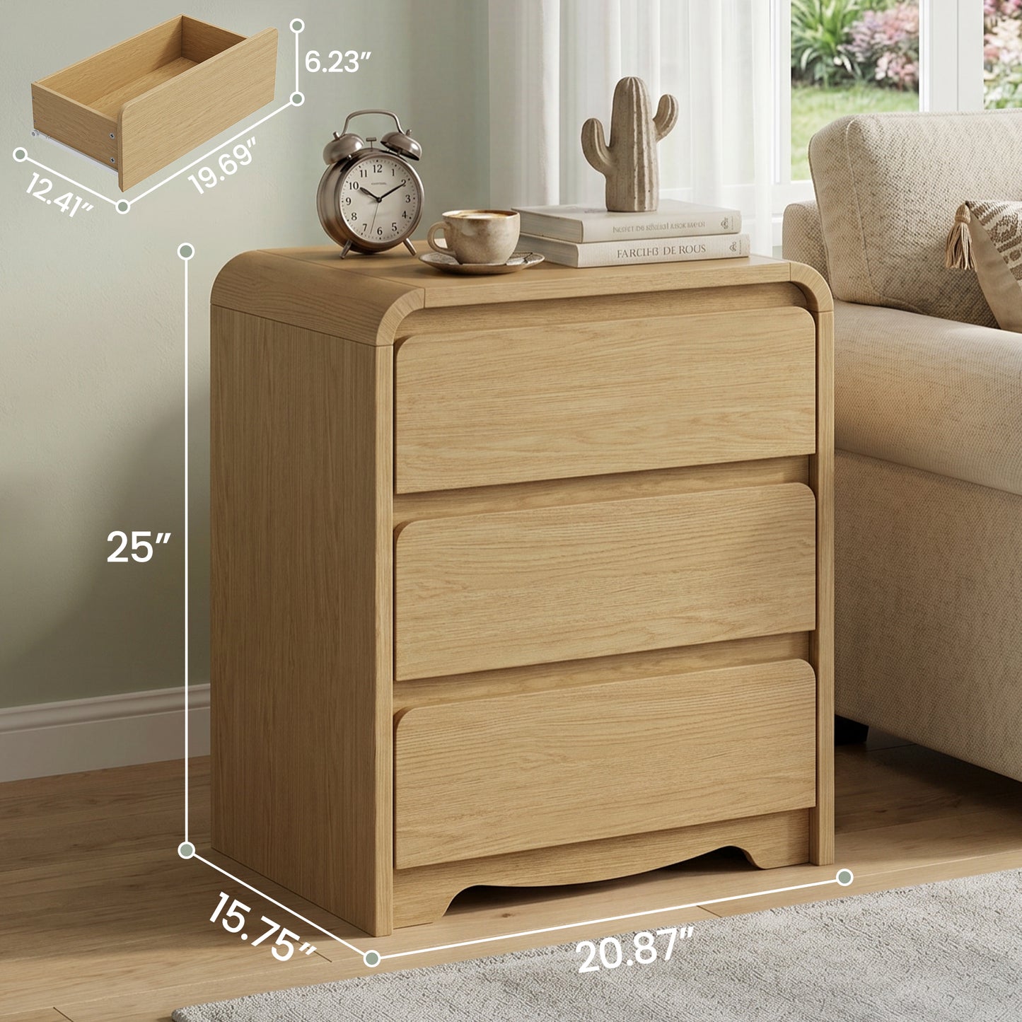 3 Drawers Modern Nightstand with Charging Station, Bedside Table for Bedroom and Living Room, Large Storage End Table with Curved Design, Natural
