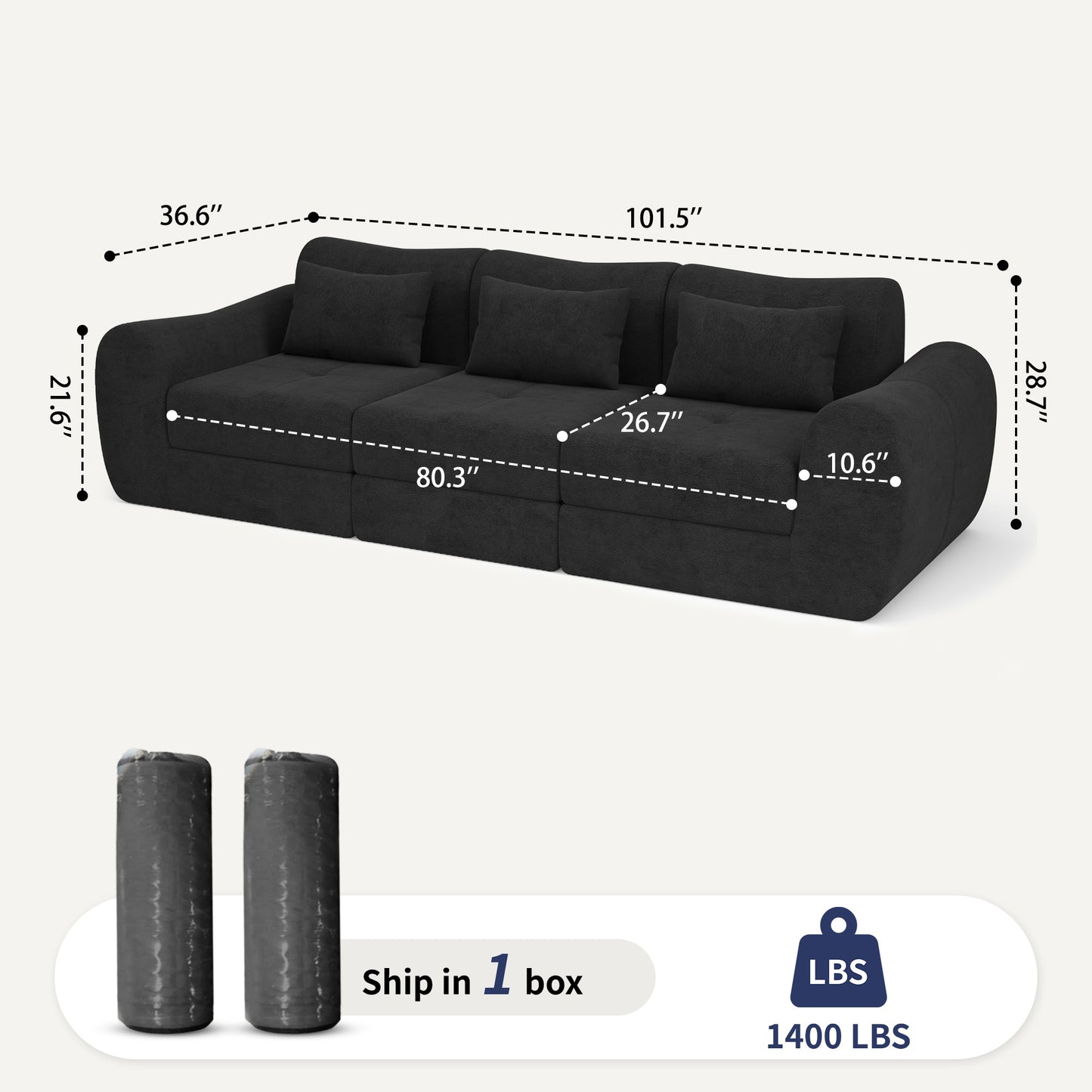 NEGYLIM 102" Modular Sectional Sofa, Chenille Cloud Sofa with Throw Pillows, Oversized Deep Seat Couch, Pet Friendly, No Assembly Required, Black