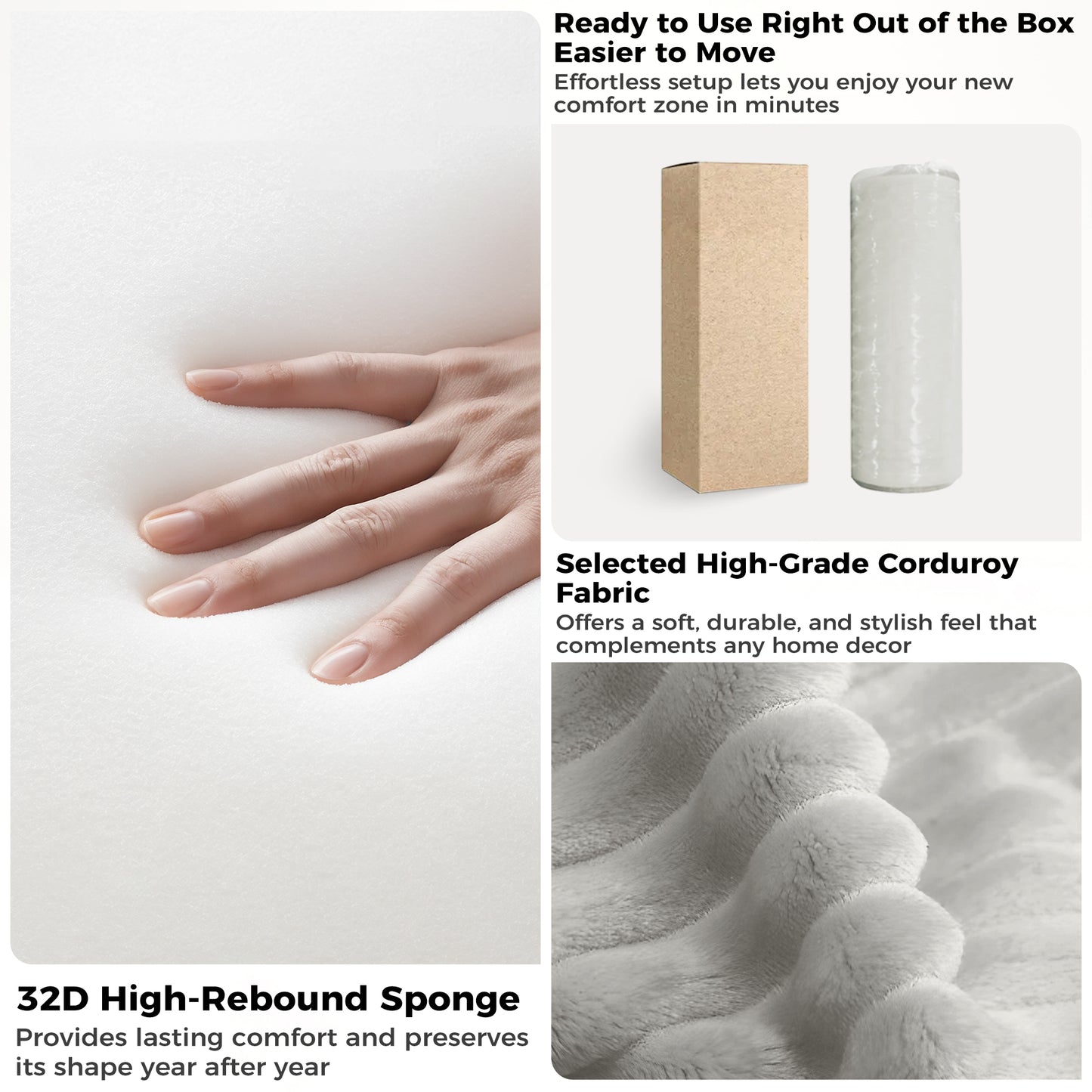 67'' Oversized Chaise Lounge Chair, Cloud Plush Corduroy Sofa Bed for Living Room, Modern Deep Seat Sleeper Couch with Back Cushion, No Assembly Required, (Oyster White)