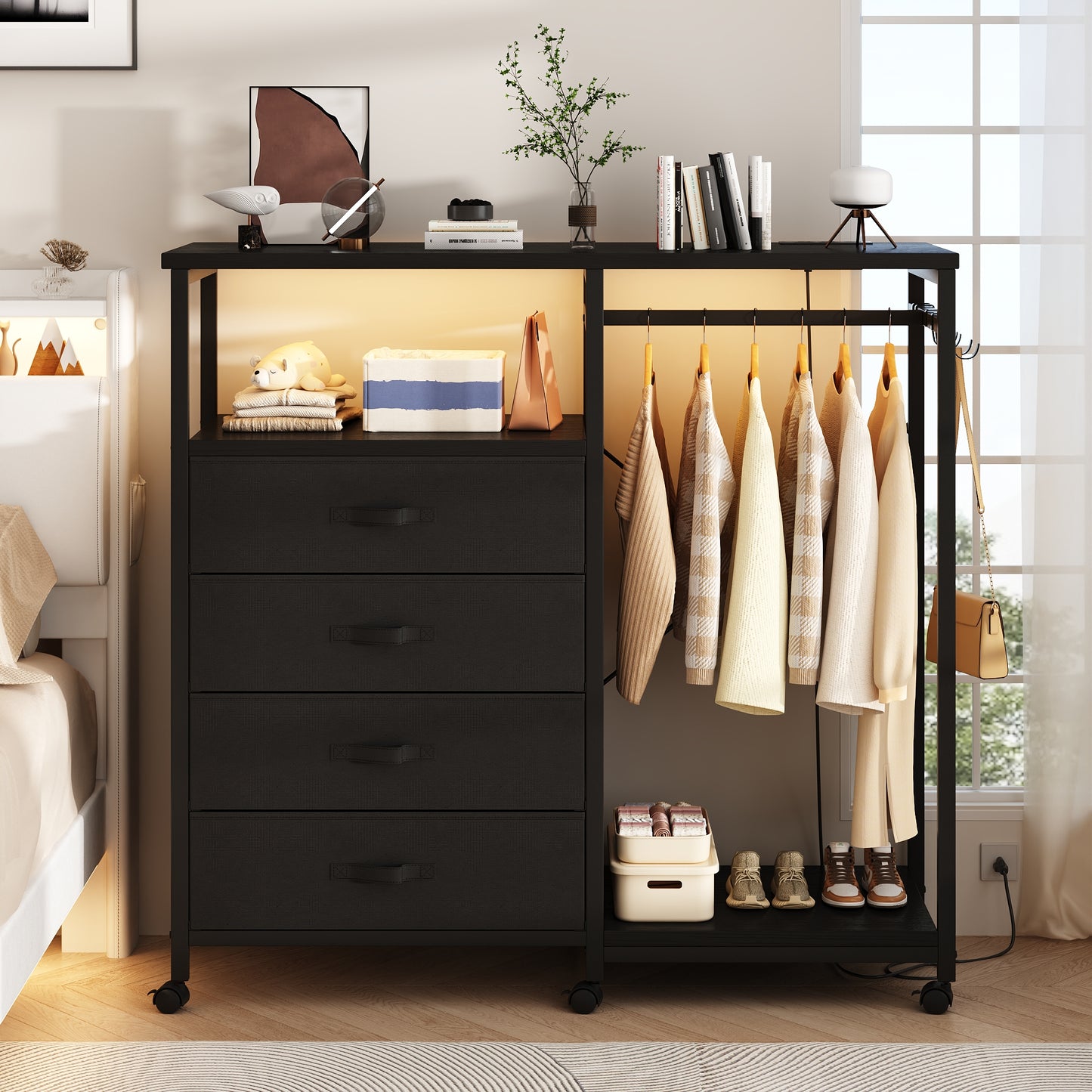 3-in-1 Dresser with Clothes Rack, 4 Drawers, Charging Station, LED Lights, and Wheels, Rustic Brown Storage Chest for Bedroom, Living Room, Hallway（Textured Matte Black）