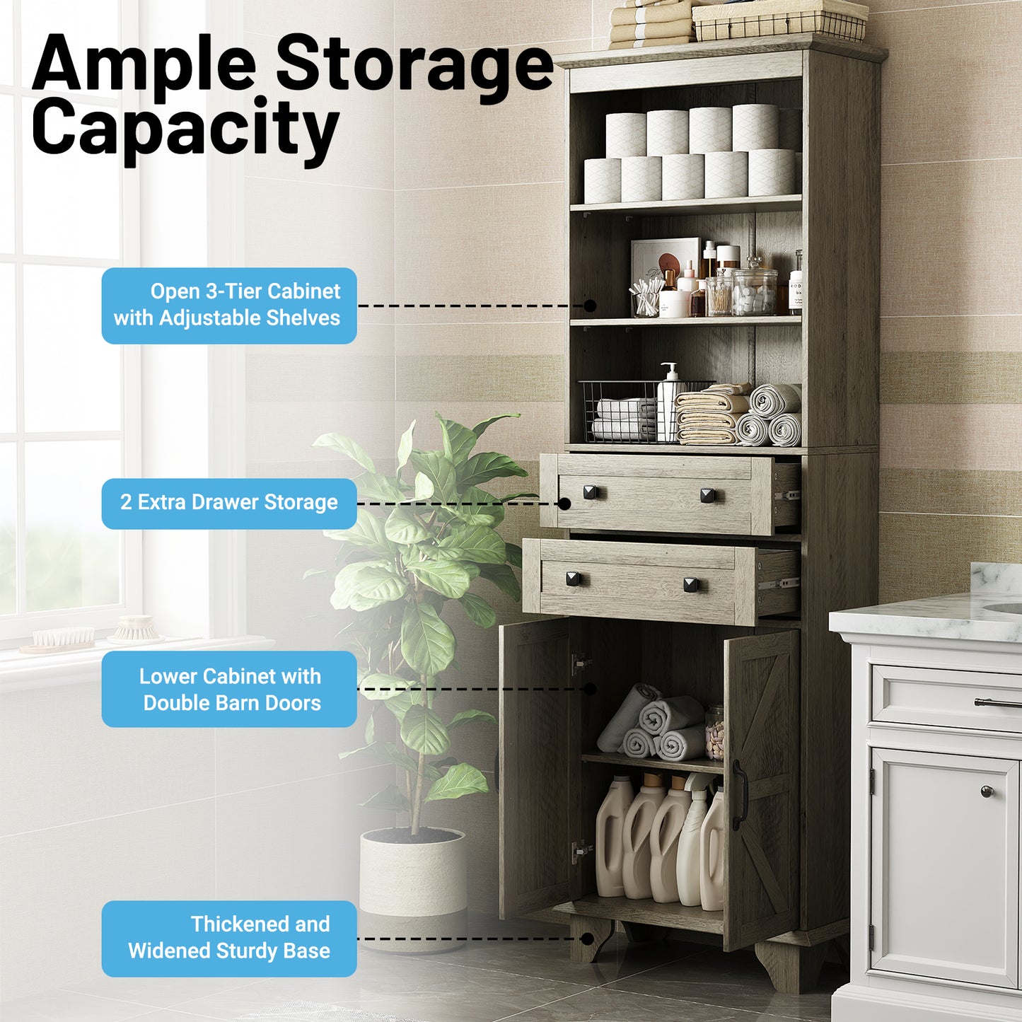 NEGYLIM 72" Tall Bathroom Storage Cabinet, Freestanding Cabinet with Adjustable Shelves, Large Bathroom Pantry Cabinet with 2 Drawers for Living Room, Kitchen, Dining Room, Office, Grey