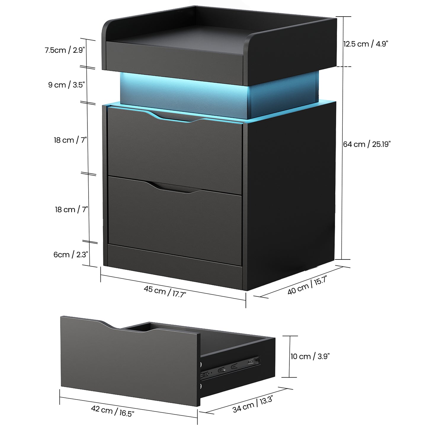 NEGYLIM Bedside Table, Modern Style, with 3 Drawers, Large Capacity, Multi-Color LED Lights & Charging Station, Bedroom Side Table