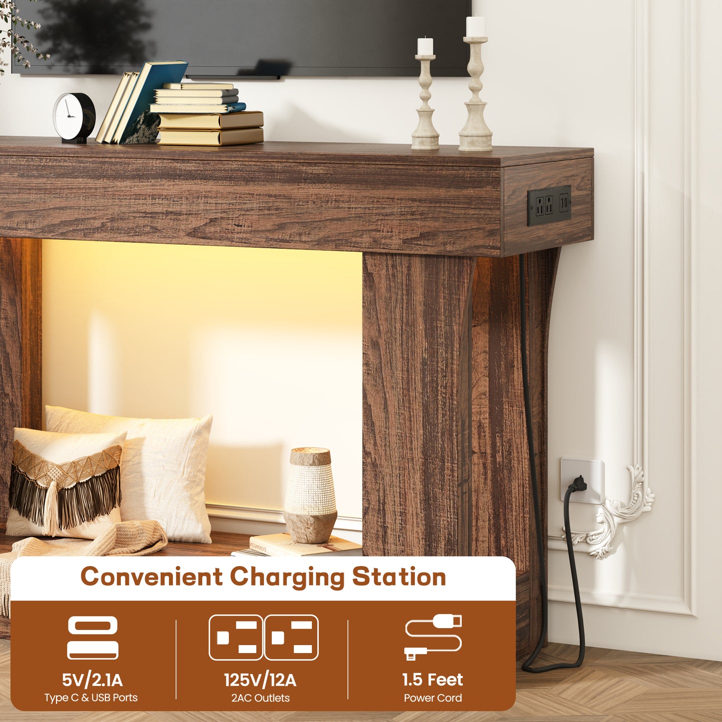 47" Console Table with Charging Station, Farmhouse Natural Entryway & Hallway Table for Living Room & Bedroom, Brown