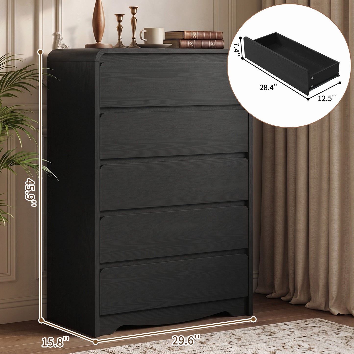 5 Drawer Tall Dresser – Modern Black Chest of Drawers with Anti-Tip, Space-Saving Storage for Bedroom, Hallway, Entryway (Black)