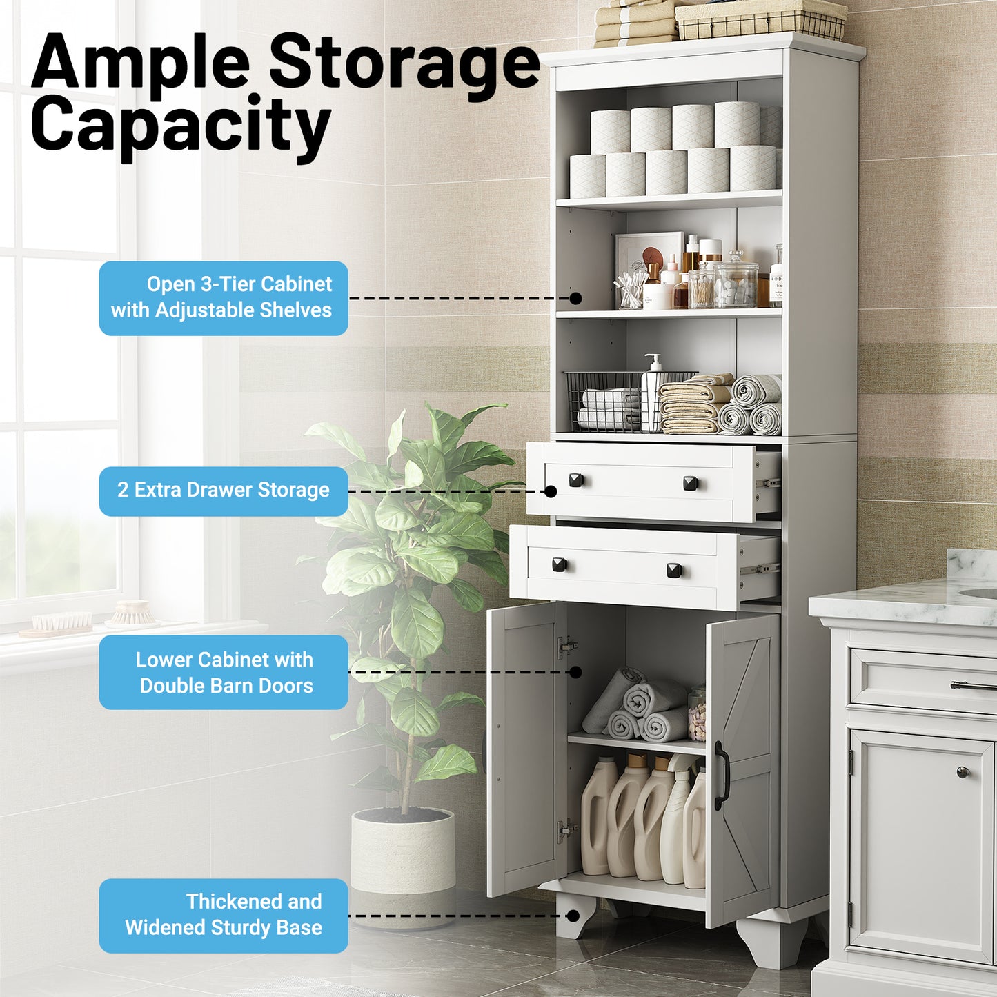 NEGYLIM 72" Tall Bathroom Storage Cabinet, Freestanding Cabinet with Adjustable Shelves, Large Bathroom Pantry Cabinet with 2 Drawers for Living Room, Kitchen, Dining Room, Office, White