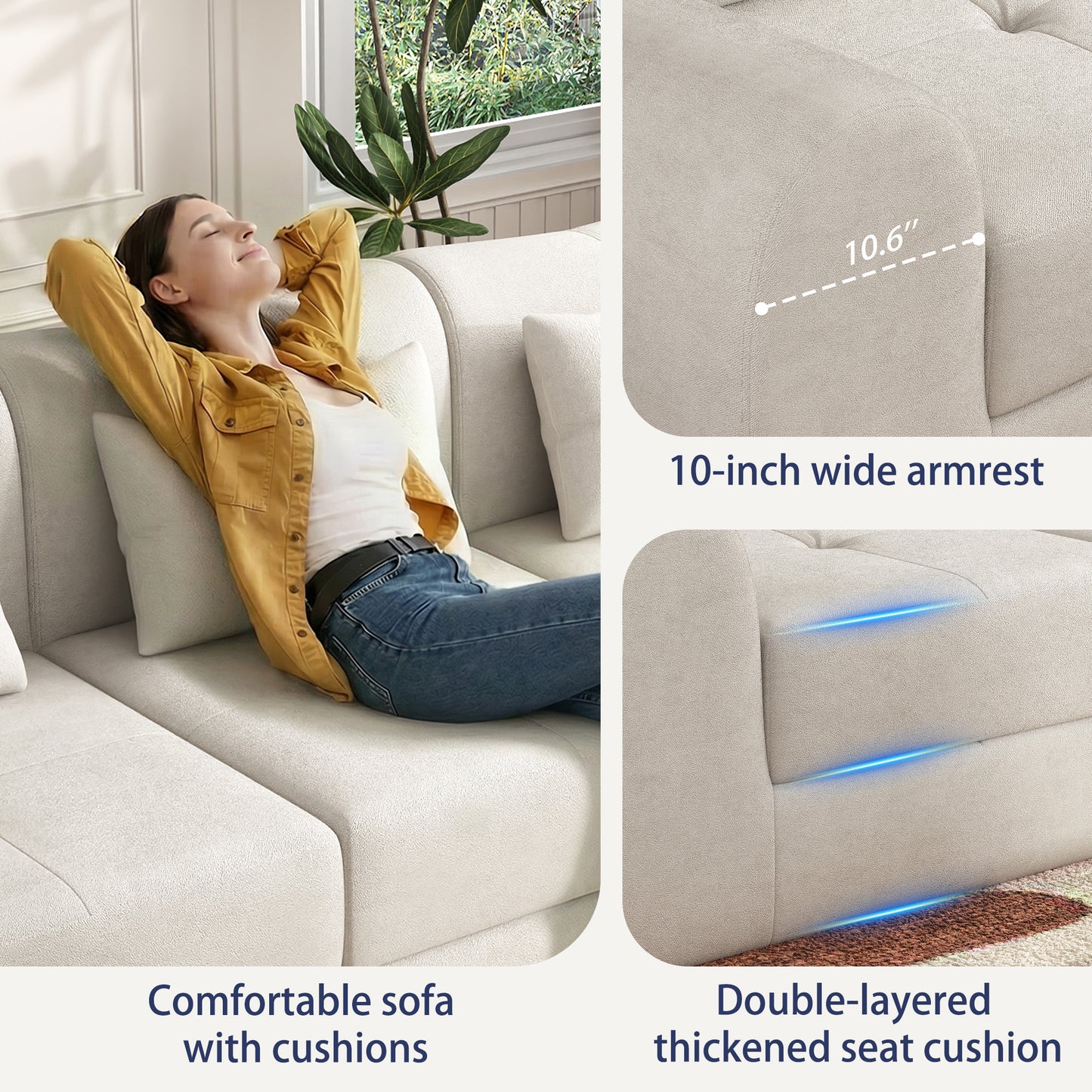 NEGYLIM 102" Modular Sectional Sofa, Chenille Cloud Sofa with Throw Pillows, Oversized Deep Seat Couch, Pet Friendly, No Assembly Required, Beige