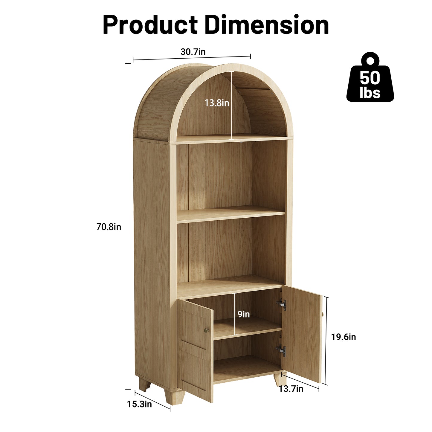 70'' Tall Arched Cabinet, Arched Kitchen Pantry Cabinet with 2 Doors and 5shelves, Open Storage Cabinets Display Bookcase, Versatile Cupboard for Living Room(Wood color)
