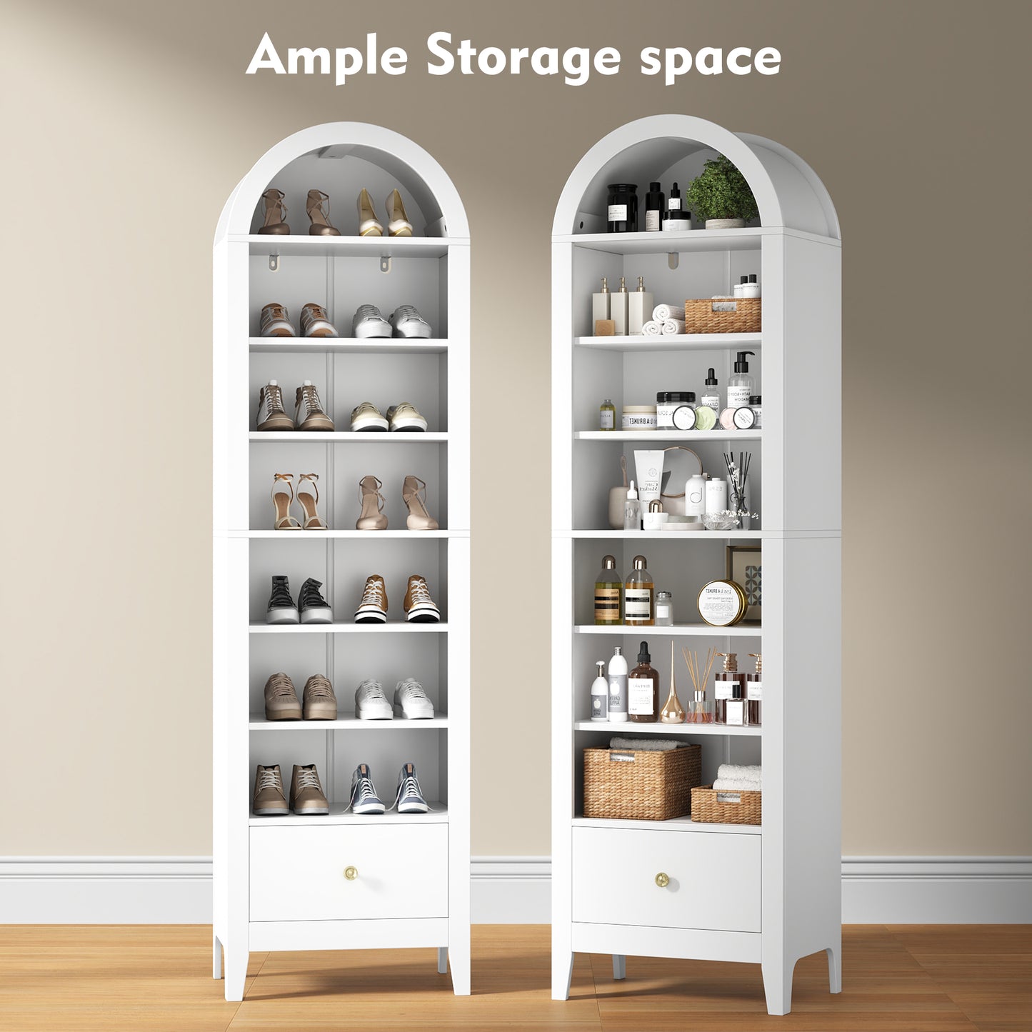 71" Tall Arched Storage Cabinet with Doors & Shelves – Multi-Purpose Pantry Cabinet for Kitchen, Bathroom, Living Room, Bedroom, Entryway & Office (White)