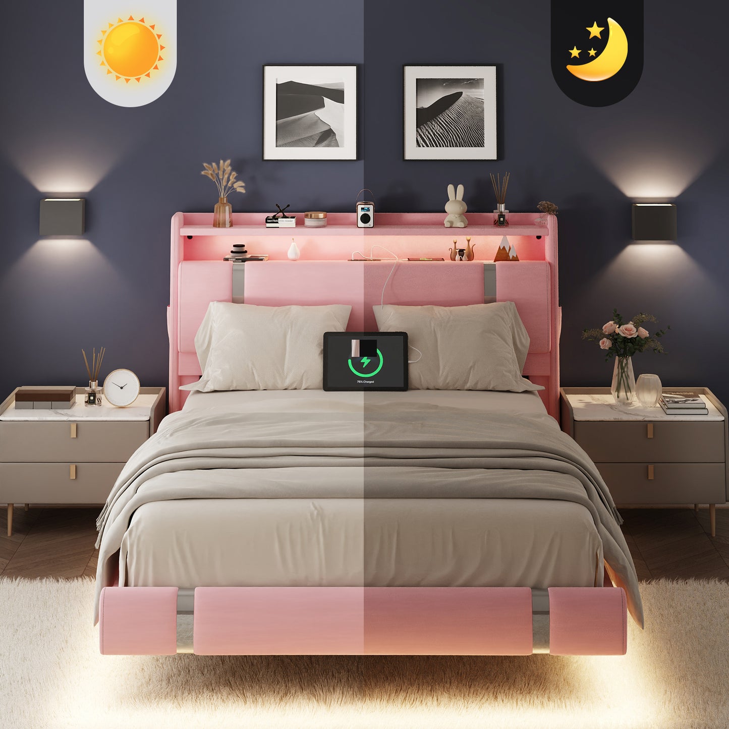 NEGYLIM Floating Bed Frame Twin Size with LED Lights, Easy to Assemble, Metal Platform Bed with Storage Headboard, No Box Spring Needed, Pink