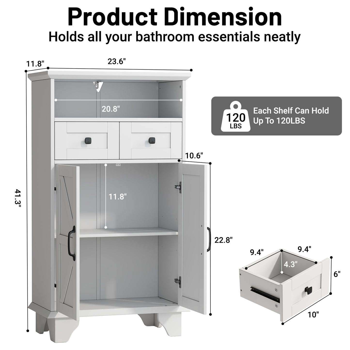 Bathroom Storage Cabinet, Farmhouse Bathroom Floor Cabinet freestanding with Doors and Drawers, 41.3"H Bathroom Organizer with Adjustable Shelf, White