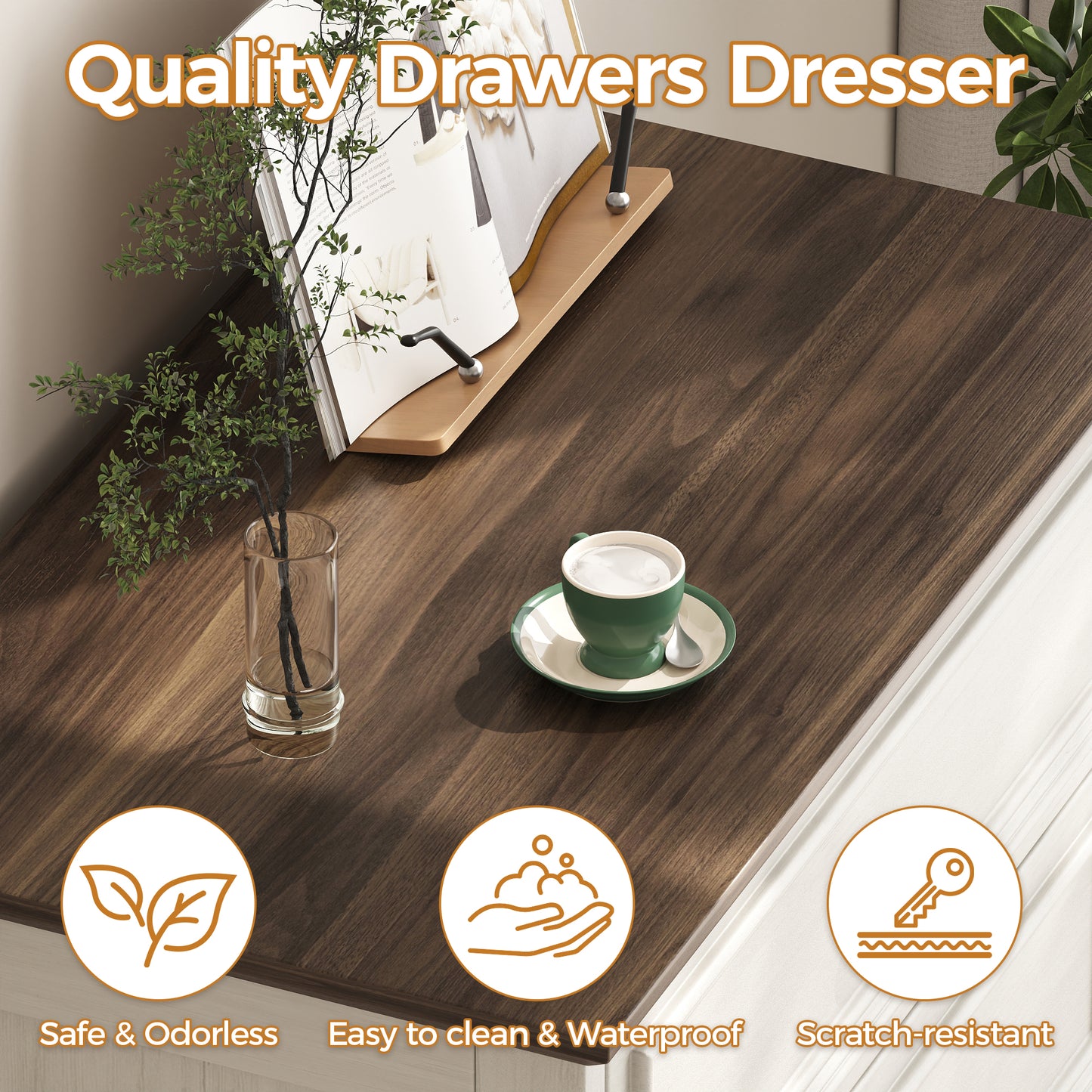 5 Drawer Dresser, Wood Chest of Drawers for Bedroom, Retro Storage Cabinet Dresser Organizer Unit with Antique Bronze Round Handles for Living Room, Closet, Hallway, Entryway