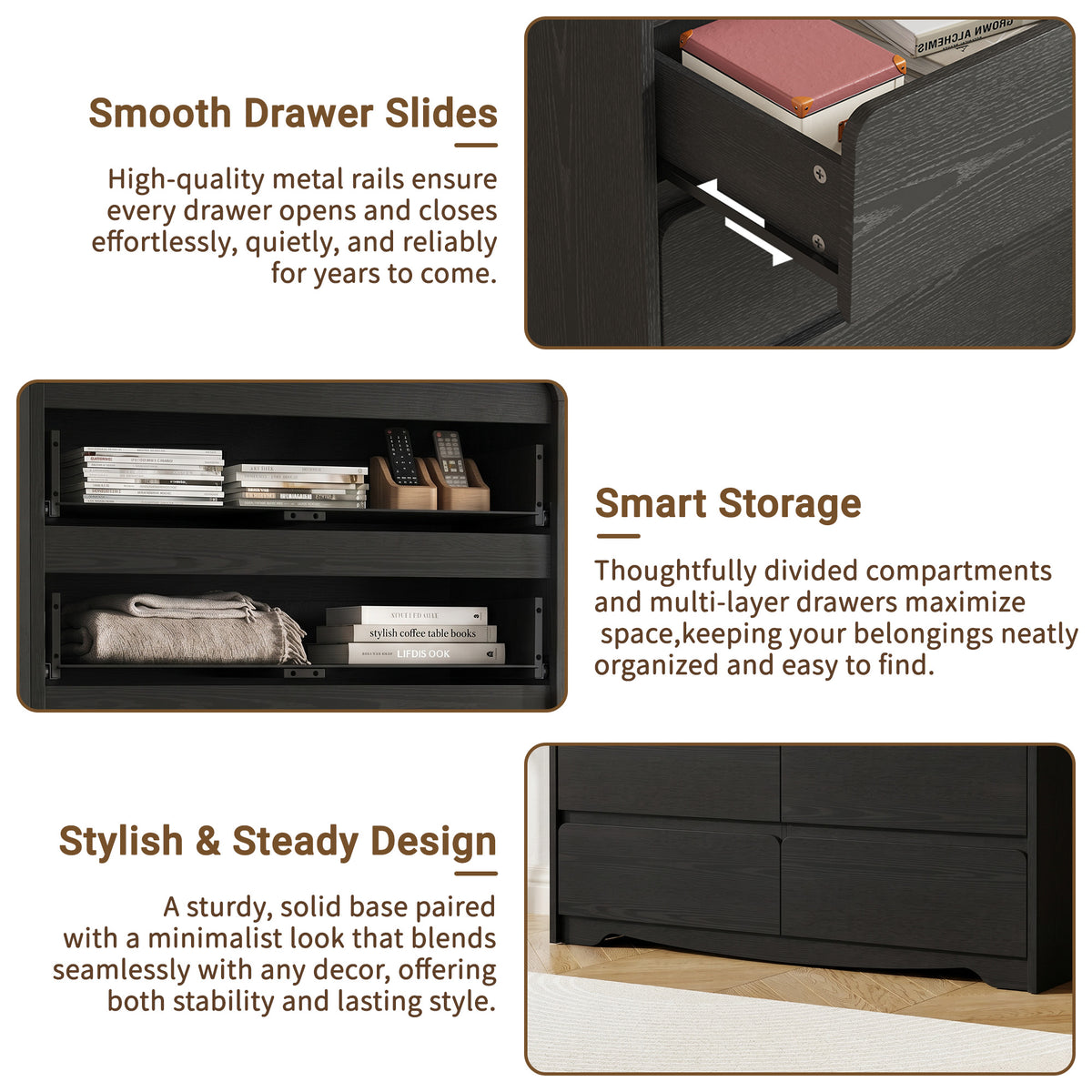 3-Piece Black Dresser Set, 6 Drawer Dresser, 5 Drawer Dresser & Nightstand, Modern Chest of Drawers, Tall dresser for Bedroom Living Room Hallway Entryway,(Black)