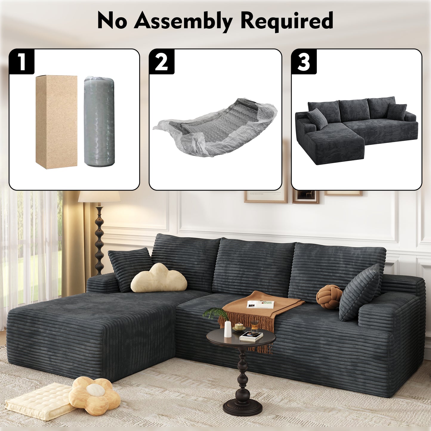 104" Modular L-Shaped Sectional Sofa, No Assembly Required Boneless Sofa with Chaise, High Resilience Foam & Corduroy Fabric, for Living Room Bedroom,(Black Grey)