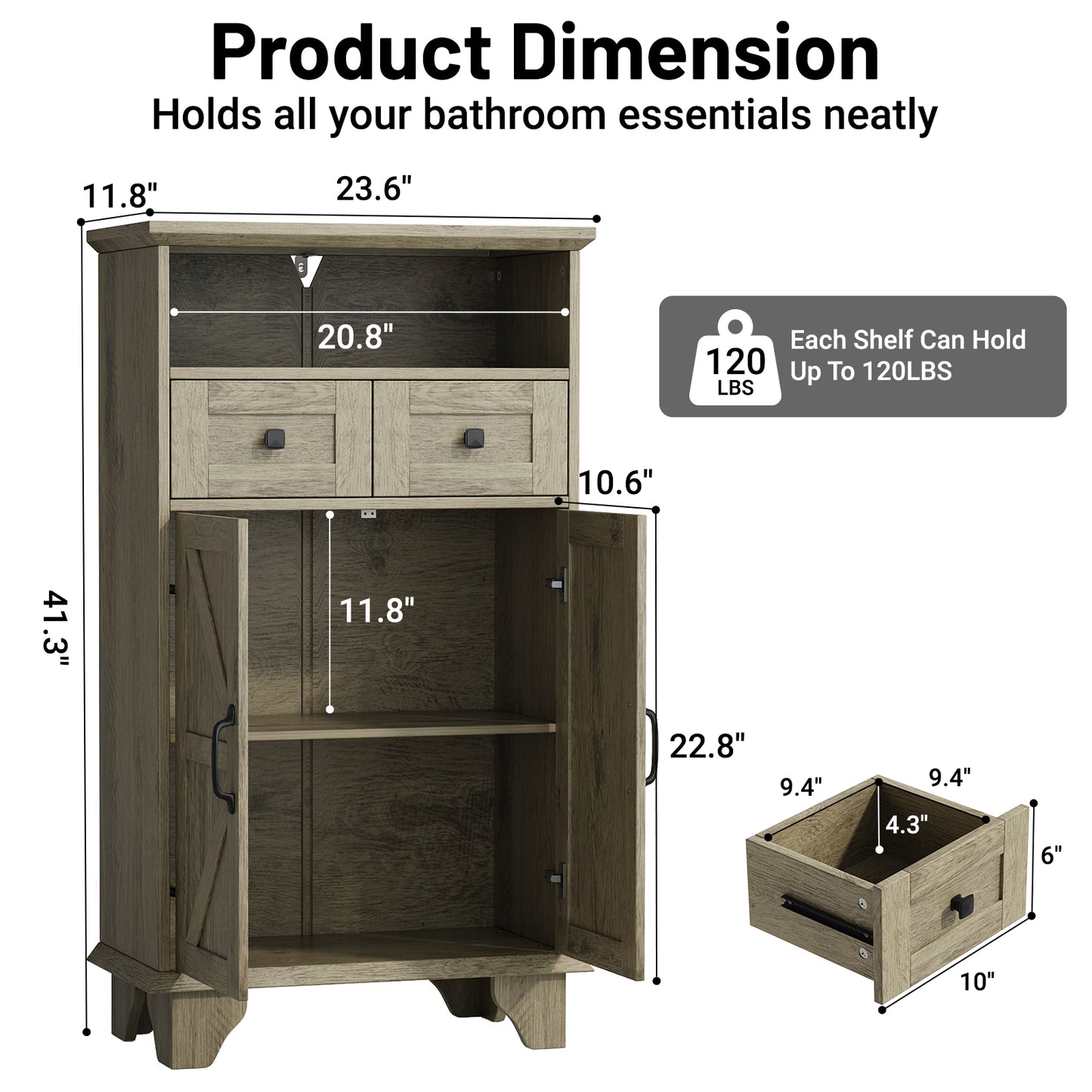 Bathroom Storage Cabinet, Farmhouse Bathroom Floor Cabinet freestanding with Doors and Drawers, 41.3"H Bathroom Organizer with Adjustable Shelf, Wood Grain