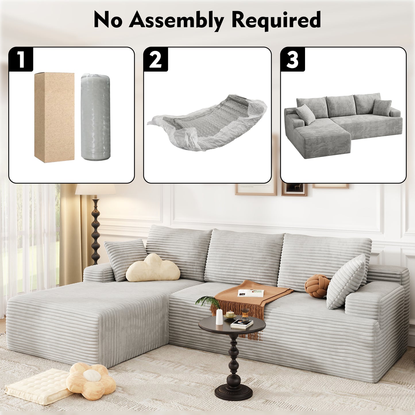 104" Modular L-Shaped Sectional Sofa, No Assembly Required Boneless Sofa with Chaise, High Resilience Foam & Corduroy Fabric, for Living Room Bedroom,(Oyster White)