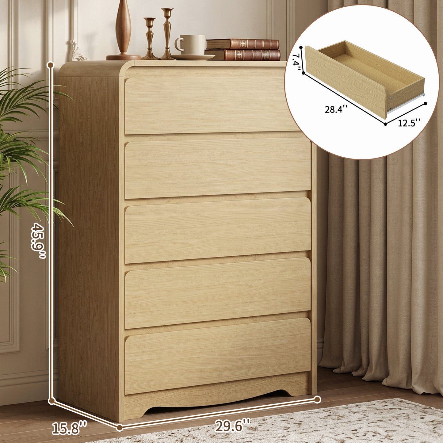 5 Drawer Tall Dresser – Modern White Chest of Drawers with Anti-Tip, Space-Saving Storage for Bedroom, Hallway, Entryway (Natural)