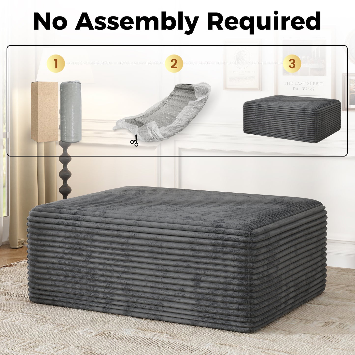Large Oversized Ottoman Bench for Living Room, Extra Seating & Coffee Table for Sofa, Plush Corduroy Pouf Footrest, No Assembly Needed, Rectangle Floor Ottoman, (Charcoal)