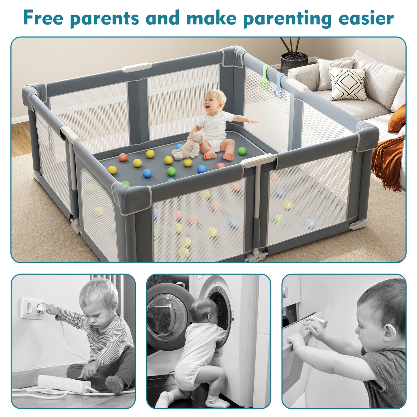 Baby Playpen 51" x 51", Play Pens for Babies and Toddlers Baby Fence Play Yards for Indoor & Outdoor with Breathable Mesh Anti-Fall Playpen, Gray