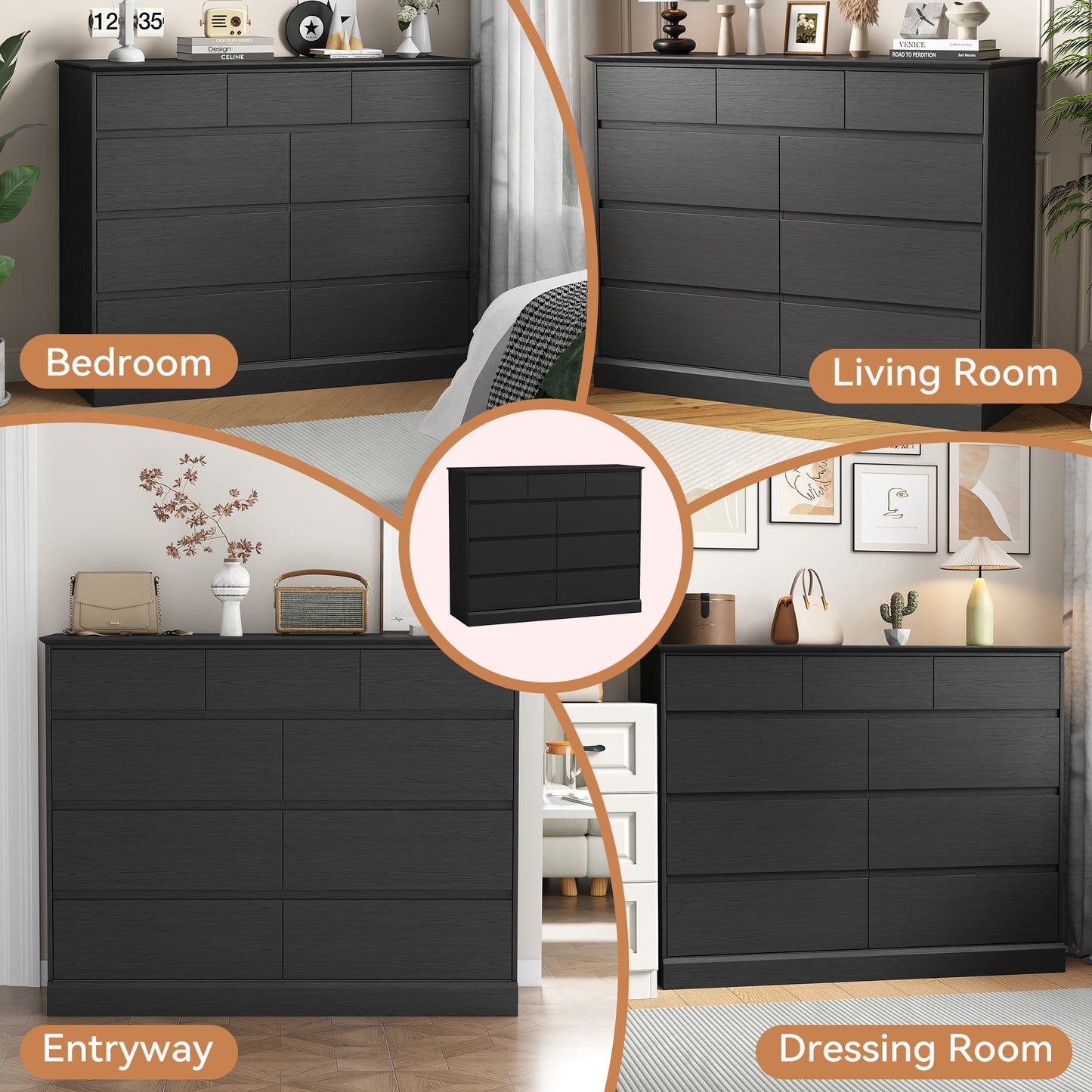 NEGYLIM 9 Drawer Dresser for Bedroom, White Dresser Chest of Drawers, Modern Wood Dressers with Deep Drawers for Living Room,Black