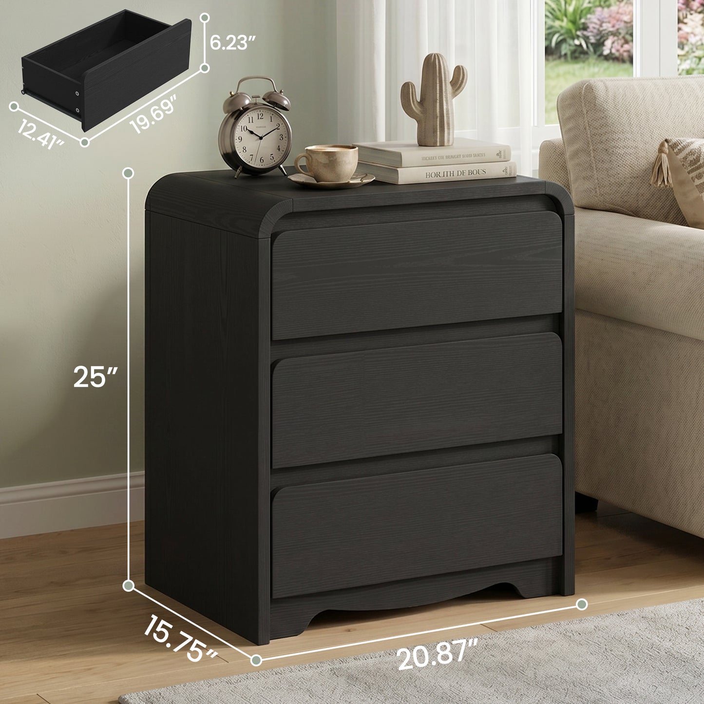 3 Drawers Modern Nightstand with Charging Station, Bedside Table for Bedroom and Living Room, Large Storage End Table with Curved Design, Black