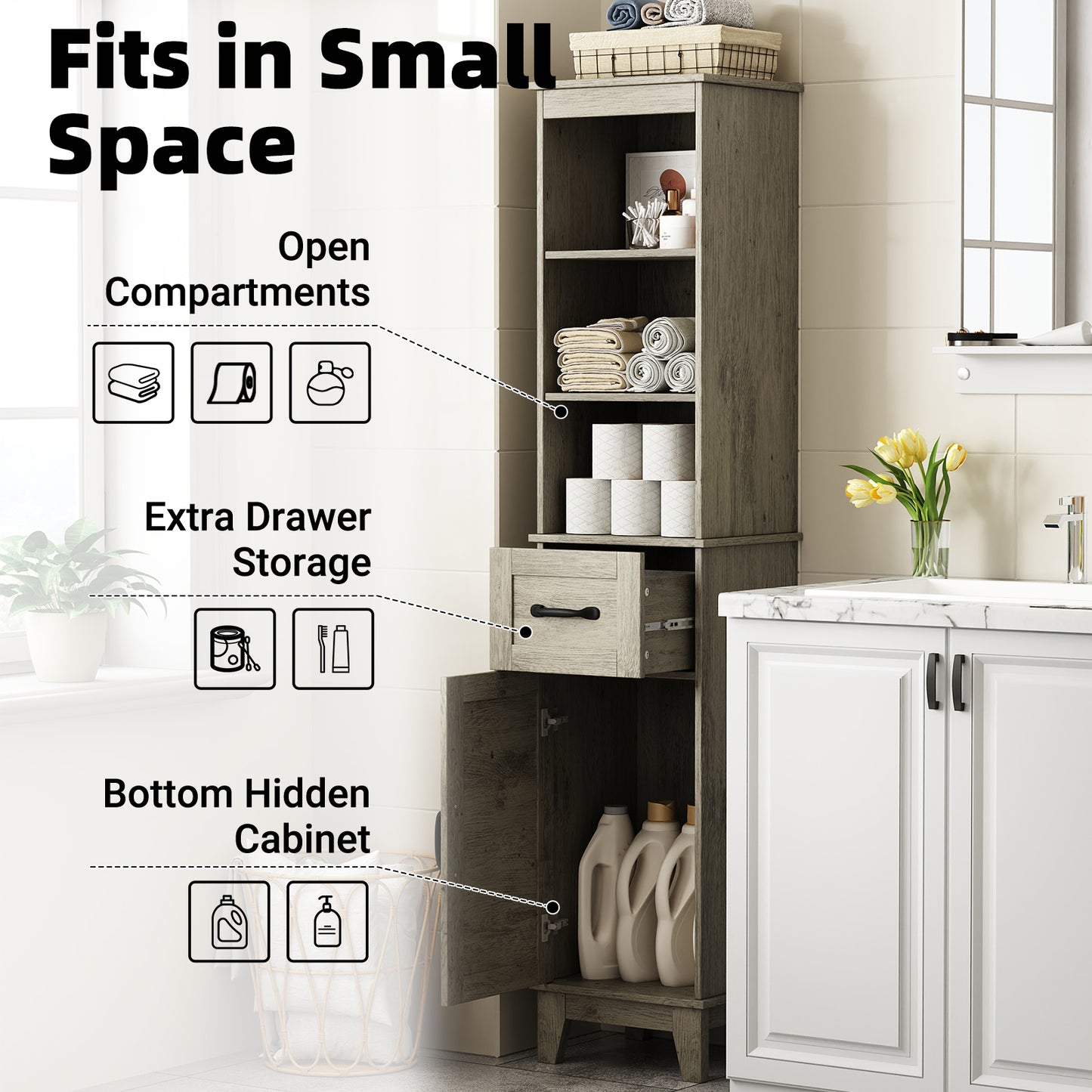63” Tall Bathroom Storage Cabinet, Freestanding Linen Cabinet, Narrow Bathroom Storage with Barn Door and Drawer, Gray