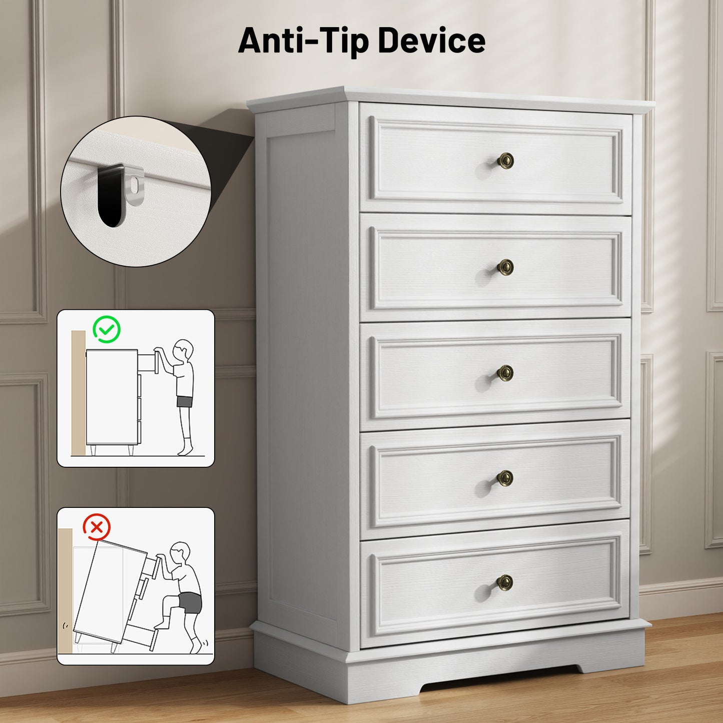 NEGYLIM Chest of Drawers for Bedroom, 5 Drawer Dresser, Modern Storage Cabinet Dresser Organizer Unit with Antique Bronze Round Handles for Living Room, Closet, Hallway, Entryway