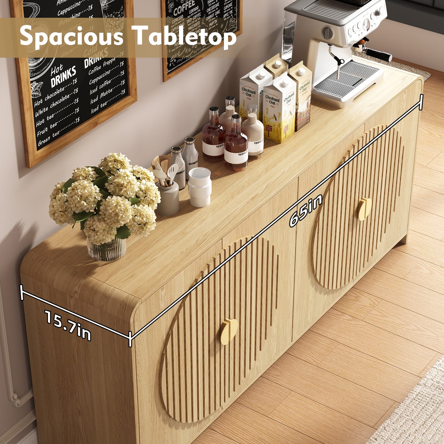 65" Large Sideboard Buffet Cabinet with Adjustable Shelves – Modern Farmhouse Coffee Bar & Dining Room Storage, Solid Wood Kitchen Table with Doors (Natural Finish)