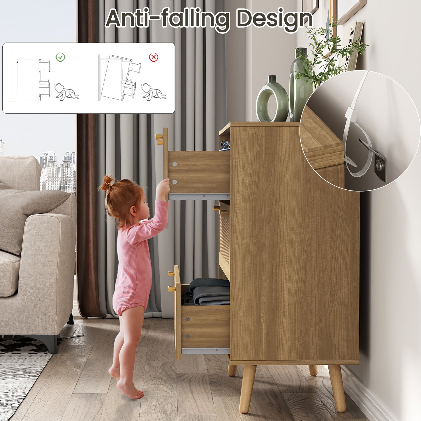 Wood Color Dresser for Bedroom, Farmhouse Rattan Dressers, 3 Drawers Dressers Chest for Bedroom Hallway Living Room
