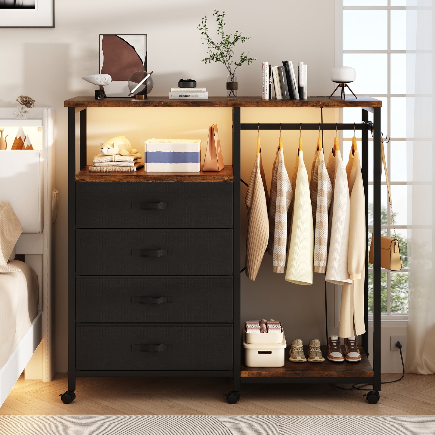 3-in-1 Dresser with Clothes Rack, 4 Drawers, Charging Station, LED Lights, and Wheels, Rustic Brown Storage Chest for Bedroom, Living Room, Hallway（Ember Brown）