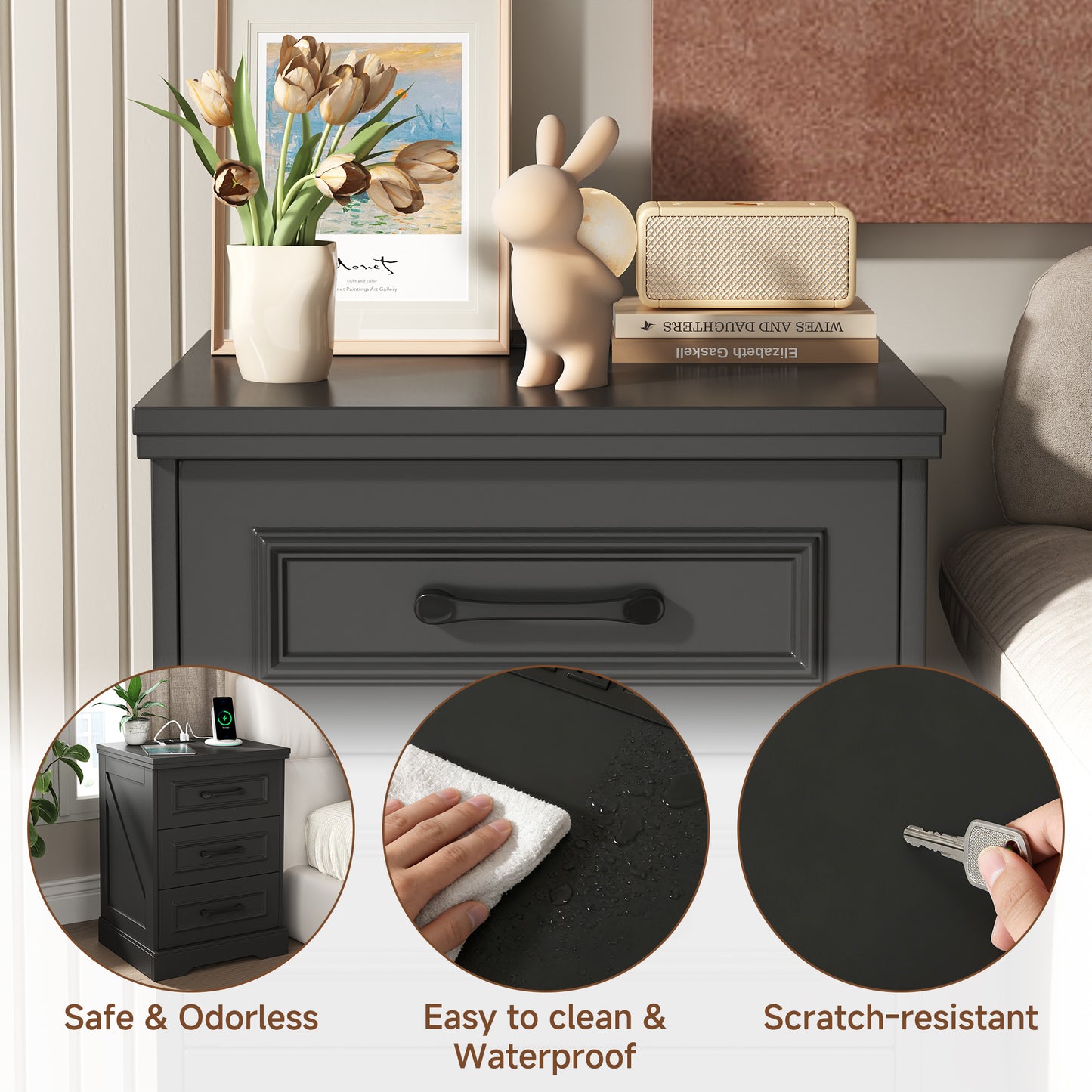 NEGYLIM Nightstand, Farmhouse End Table with Charging Station, 3 Drawers Storage for Bedroom