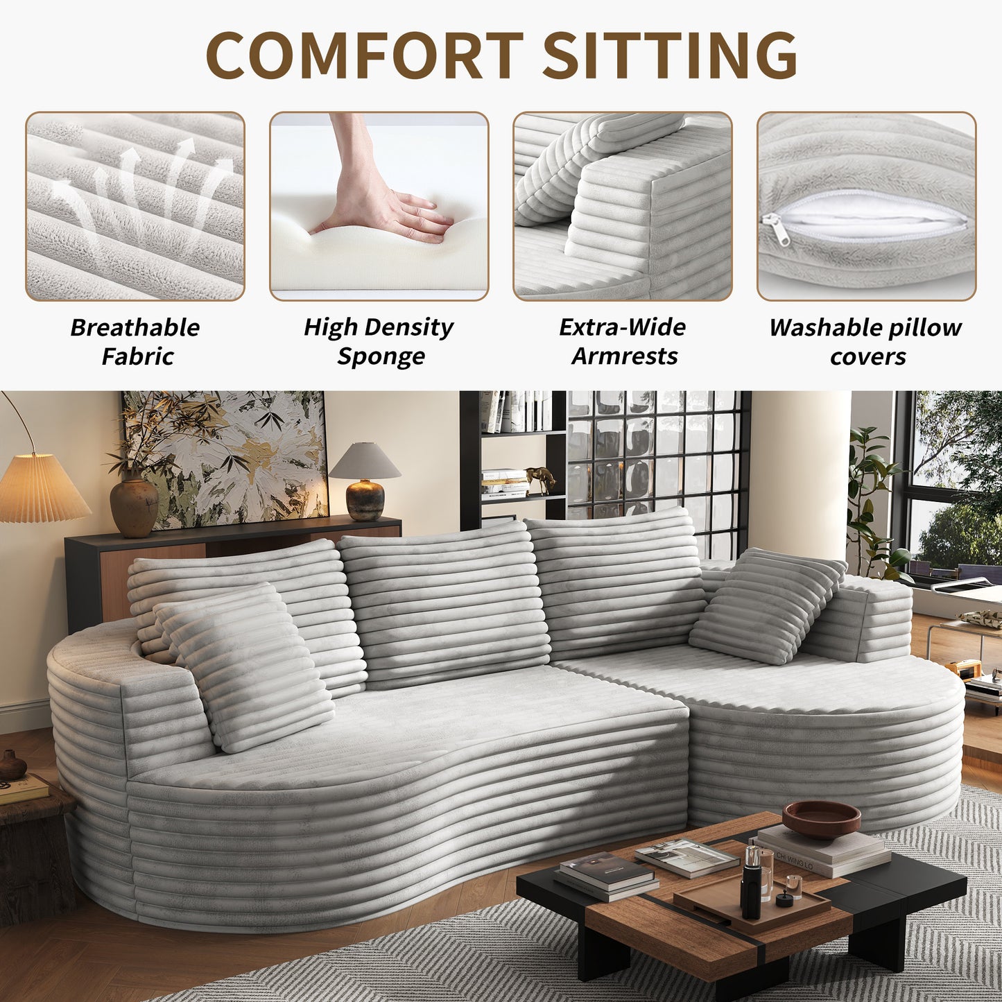 118” Round Curved Modular Sectional Sofa, Cloud Deep Seat Sectional Couch, Modern L-Shape Sofa with Chaise Lounge, Upholstered Boneless Curved Couches for Living Room(Deep Gray)